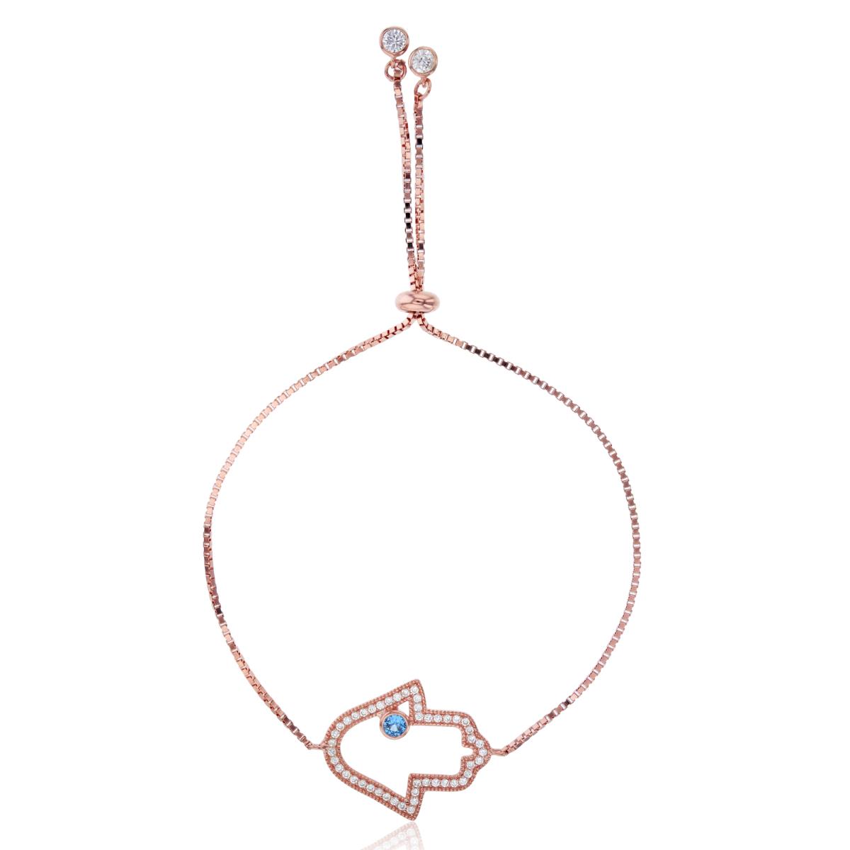 Sterling Silver 1Micron Rose Gold Rnd Bezel Blue Spinel & White CZ Hamsa Adjustable with Bezel Drops Bracelet