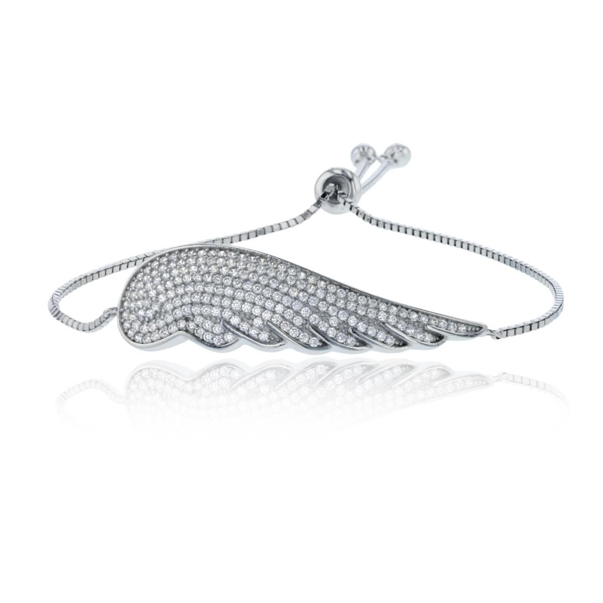 Sterling Silver Rhodium Rnd White CZ Micropave Wing Adjustable Bolo Bracelet