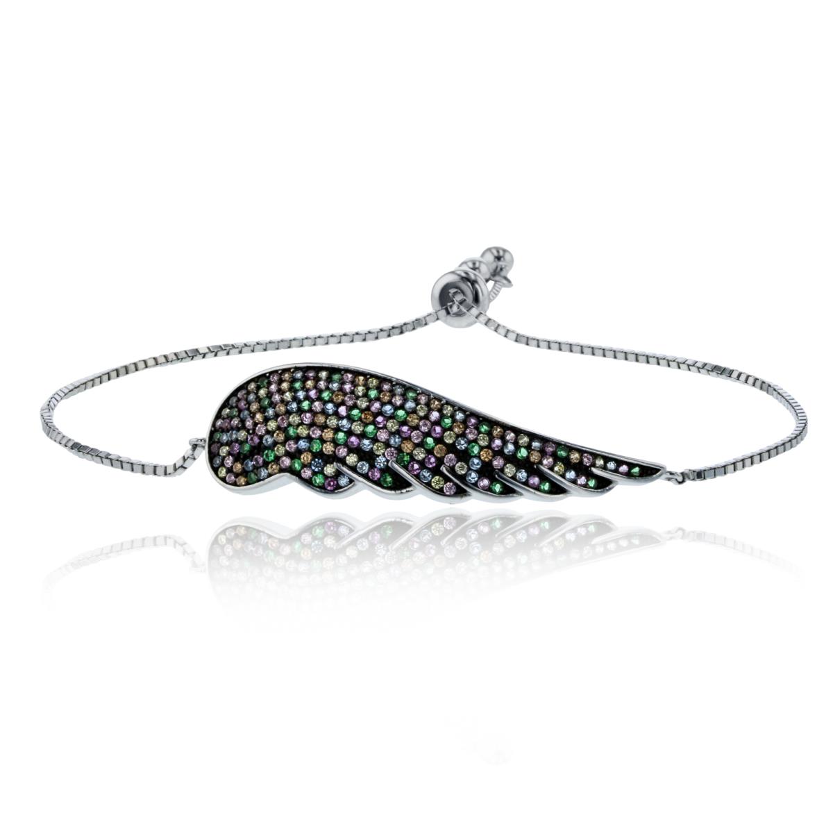 Sterling Silver Two-Tone Rnd Multicolor CZ Micropave Wing Adjustable Bolo Bracelet