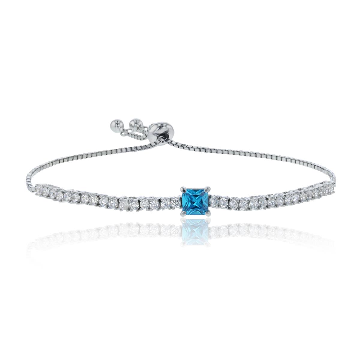 Sterling Silver Rhodium 5mm SQ Blue Center & White CZ Flexy Bar Adjustable Bolo Bracelet