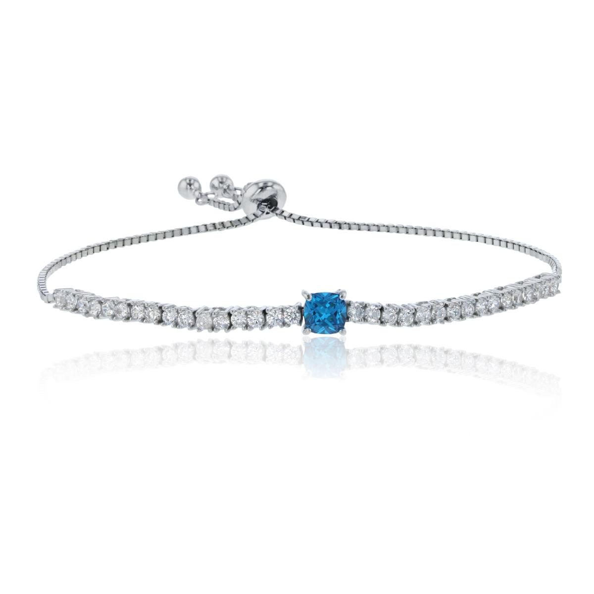 Sterling Silver Rhodium 5mm Cush Blue Center & Rnd White Flexy Bar Adjustable BoloBracelet