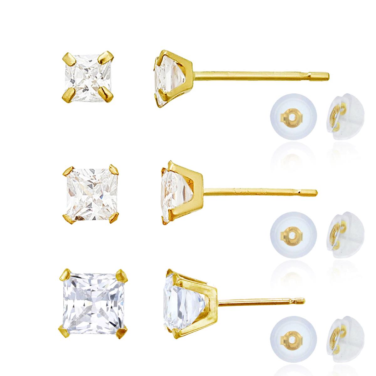 14K Yellow Gold 3x3/4x4/5x5mm Square Solitaire Stud Earring Set