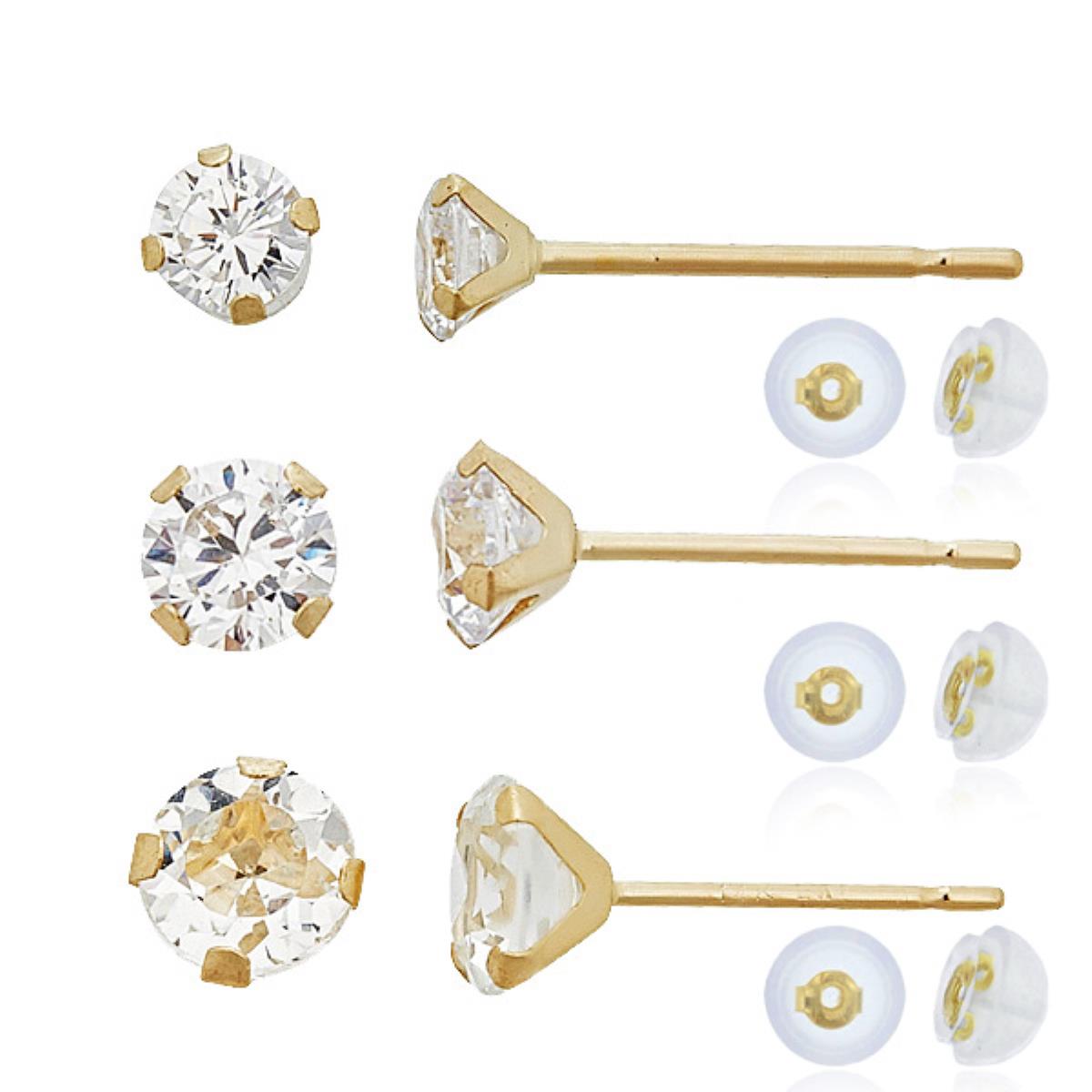 14K Yellow Gold 3/4/5mm Martini Round Cut Solitaire Stud Earring Set