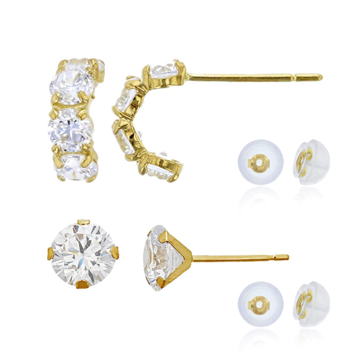 14K Yellow Gold 3mm Rd Prong 4-Stone Curved Stud & 6mm Rd Martini Solitaire Earring Set