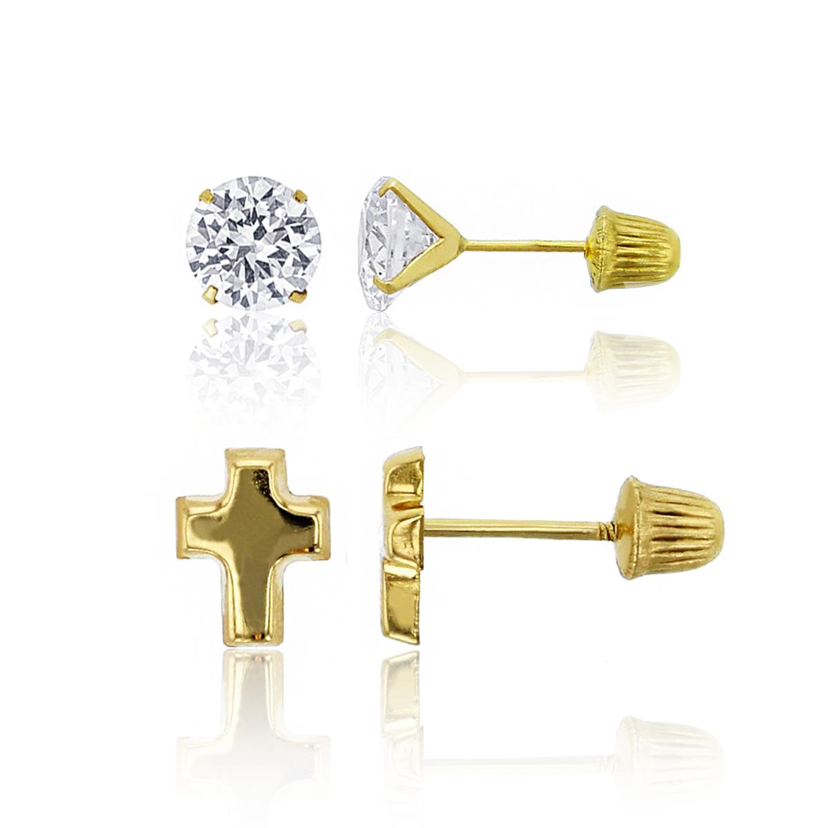 14K Yellow Gold 6mm Round Solitaire & High Polished Cross Hat Screw Back Earring Set