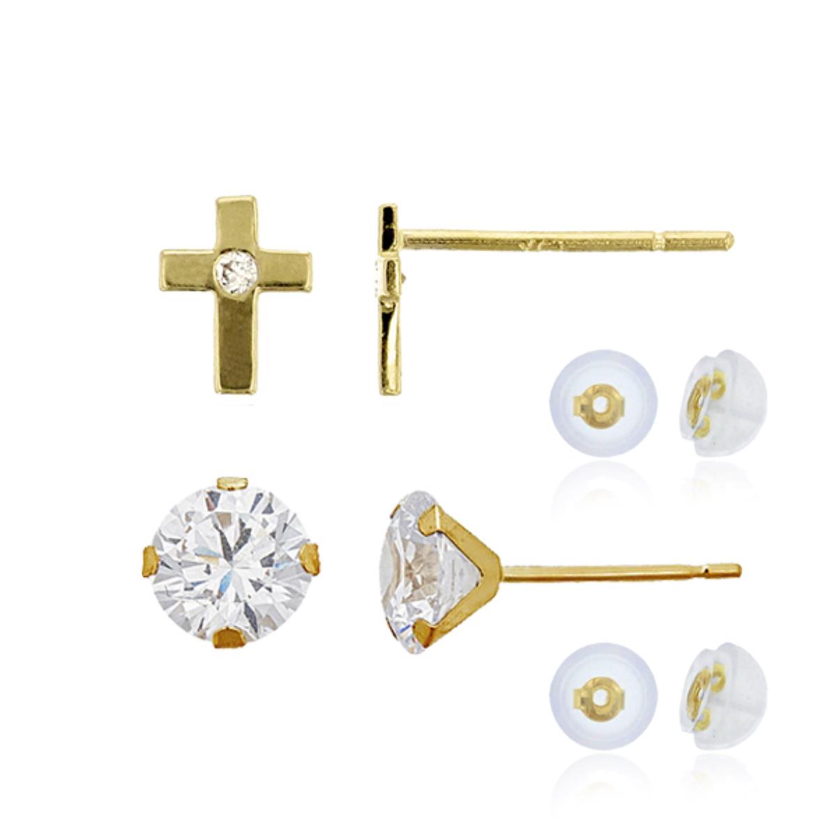 14K Yellow Gold Polished Pave Mini Cross & 6mm Rd Martini Solitaire Stud Earring Set