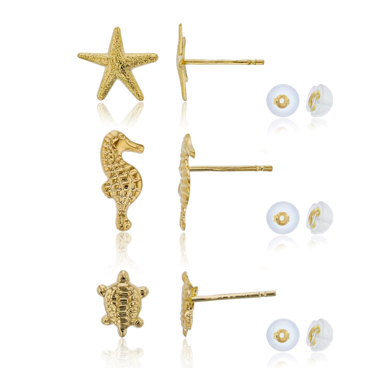 14K Yellow Gold Starfish, Seahorse & Tortoise Stud Earring Set