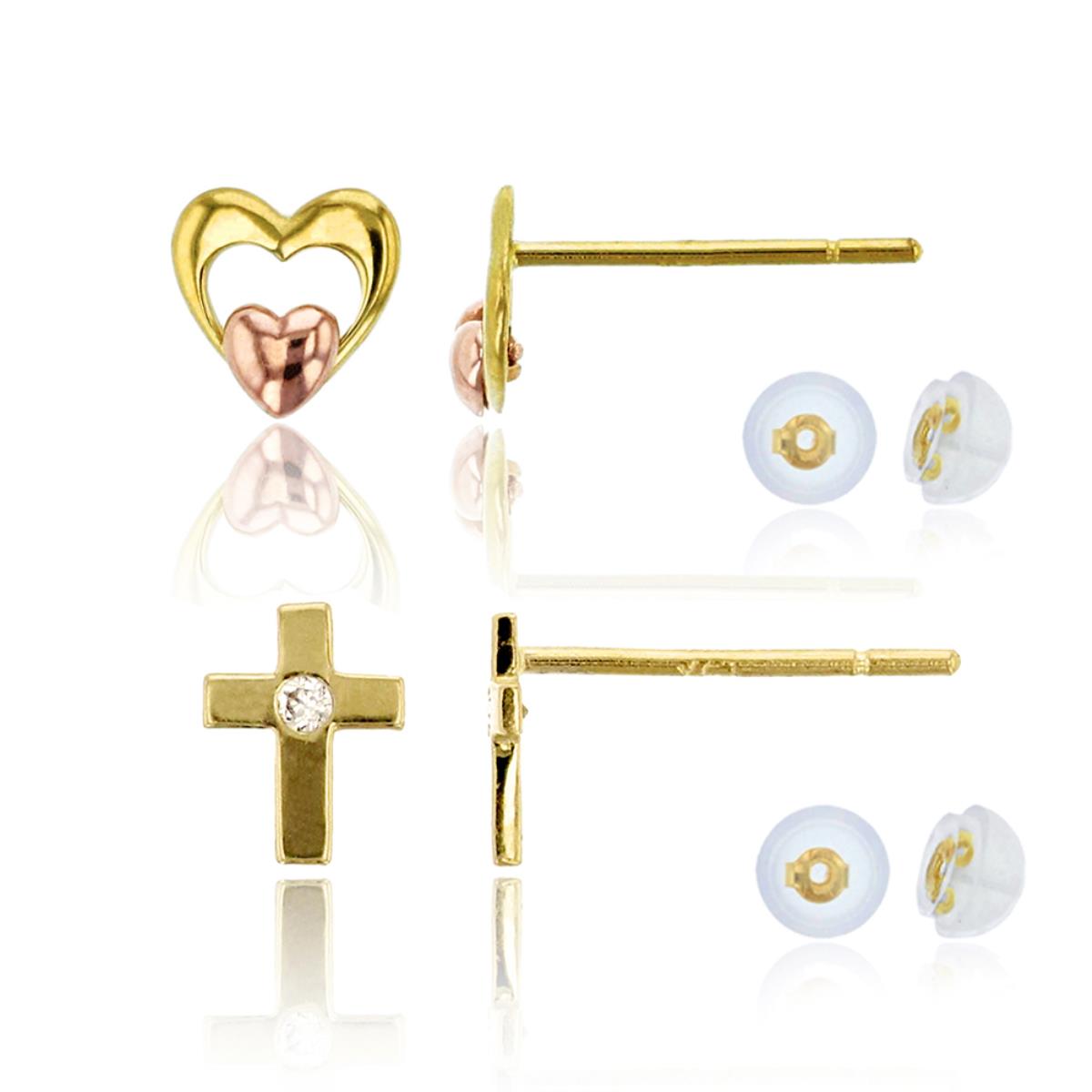 14K Yellow & Rose Gold Polished Double Heart & Yellow Gold Pave Mini Cross Stud Earring Set