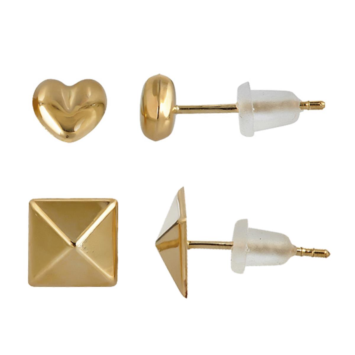 14K Yellow Gold Polished Heart & Pyramid Stud Earring Set