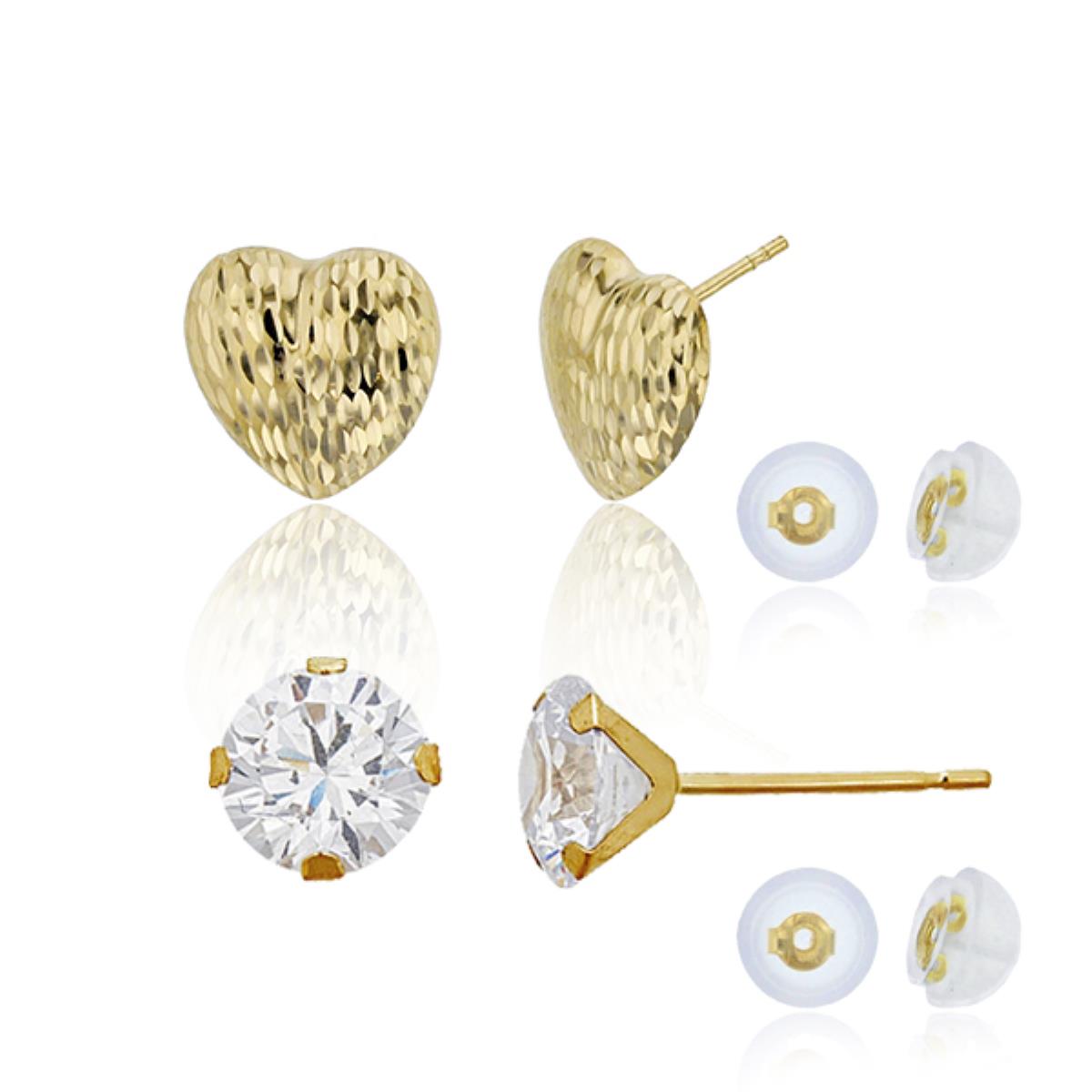 14K Yellow Gold 10x10mm Diamond Cut Heart & 8mm Rd Martini Solitaire Stud Earring Set