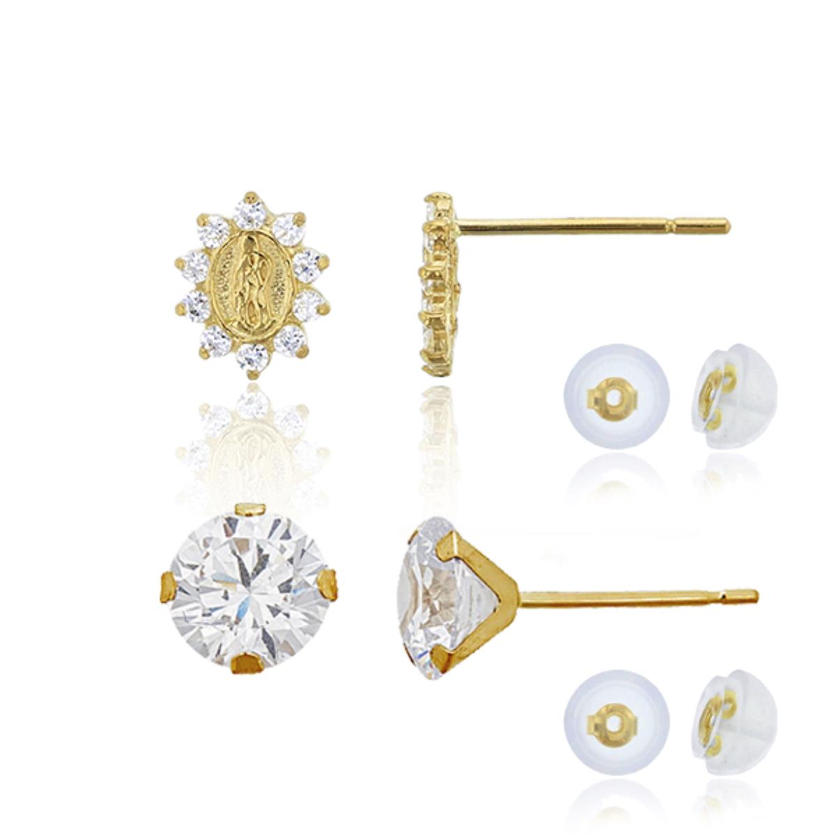 14K Yellow Gold Micropave Religious CZ & 6mm Rd Martini Solitaire Stud Earring Set