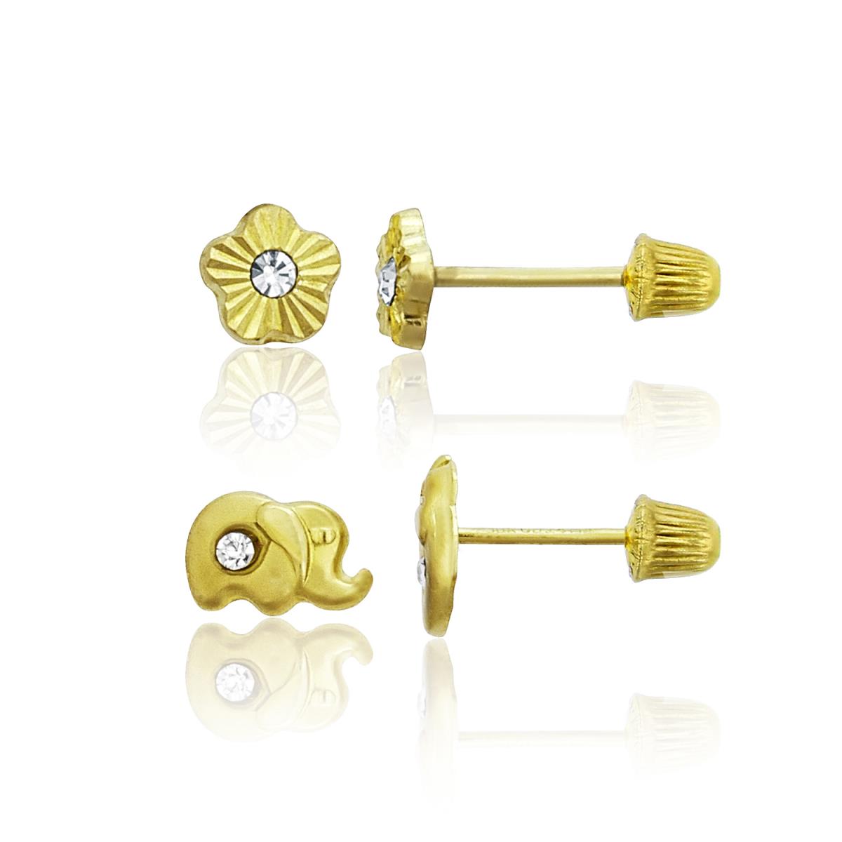 14K Yellow Gold Mini Flower & Elephant Screwback Earring Set