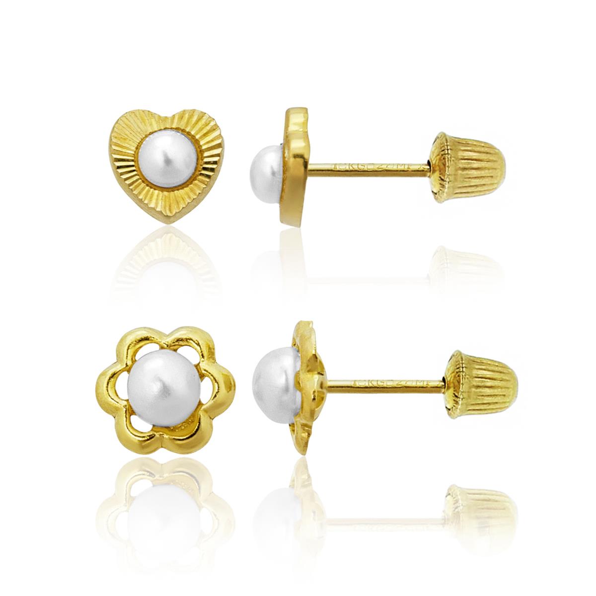 14K Yellow Gold FWP Heart & French Flower Screwback Earring Set