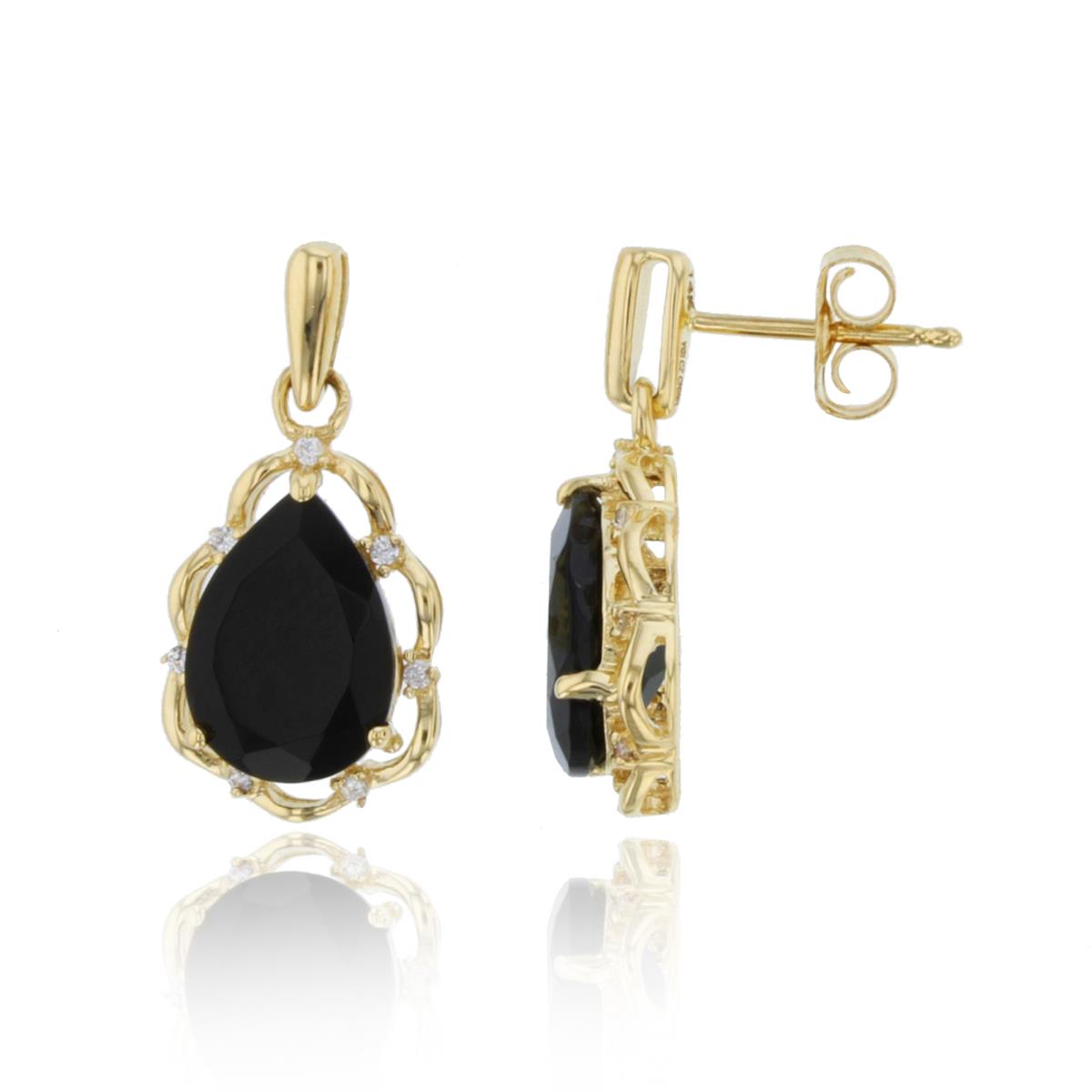 Sterling Silver Yellow  Gold Over Diamond Accent 0.06ctw  & 10x7mm (3 1/2ctw) PS Onyx Wavy Framed Dangling Earrings