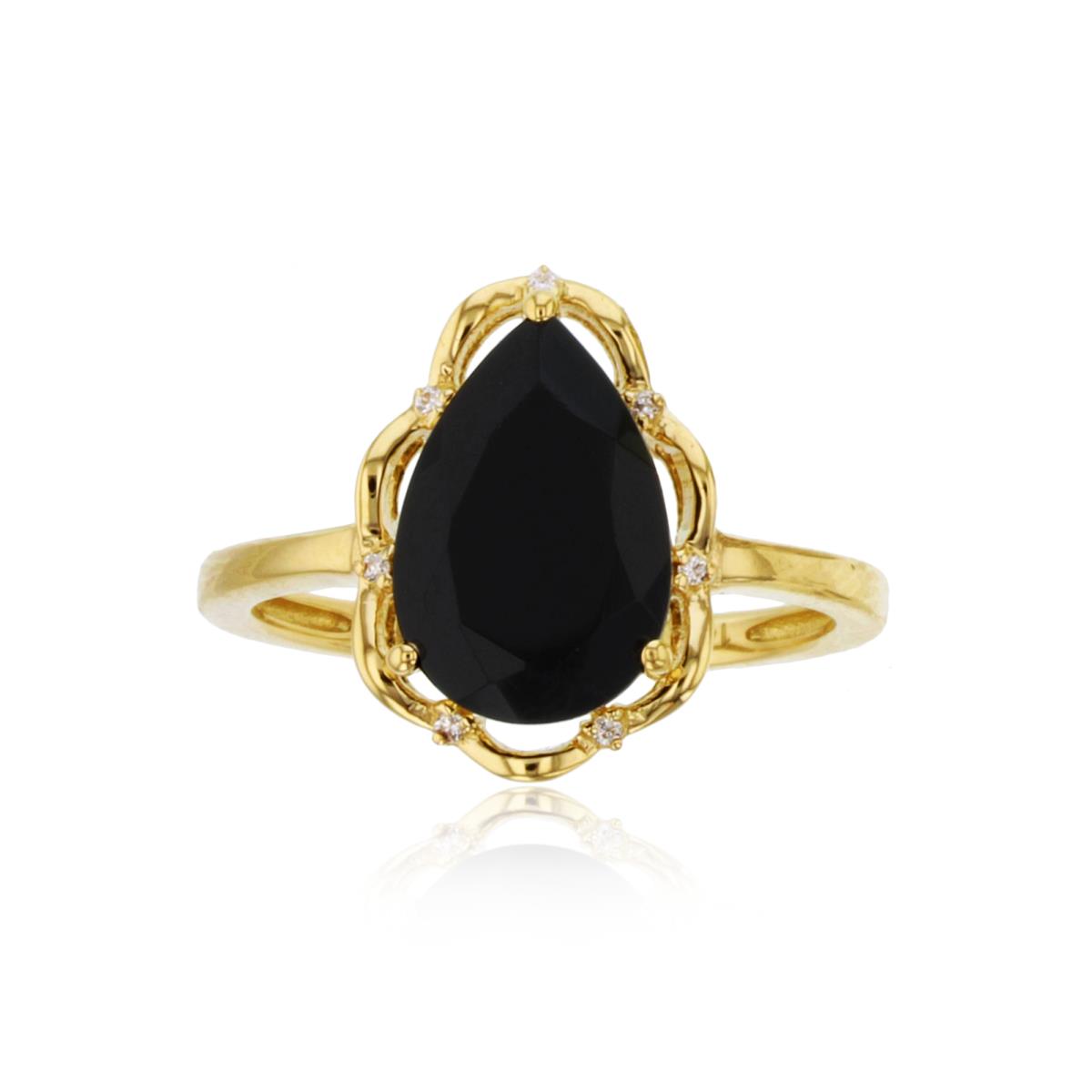 Sterling Silver Yellow  Gold Over Diamond Accent 0.03ctw  & 12x8mm ( 3 ctw) PS Onyx Wavy Framed PS Ring