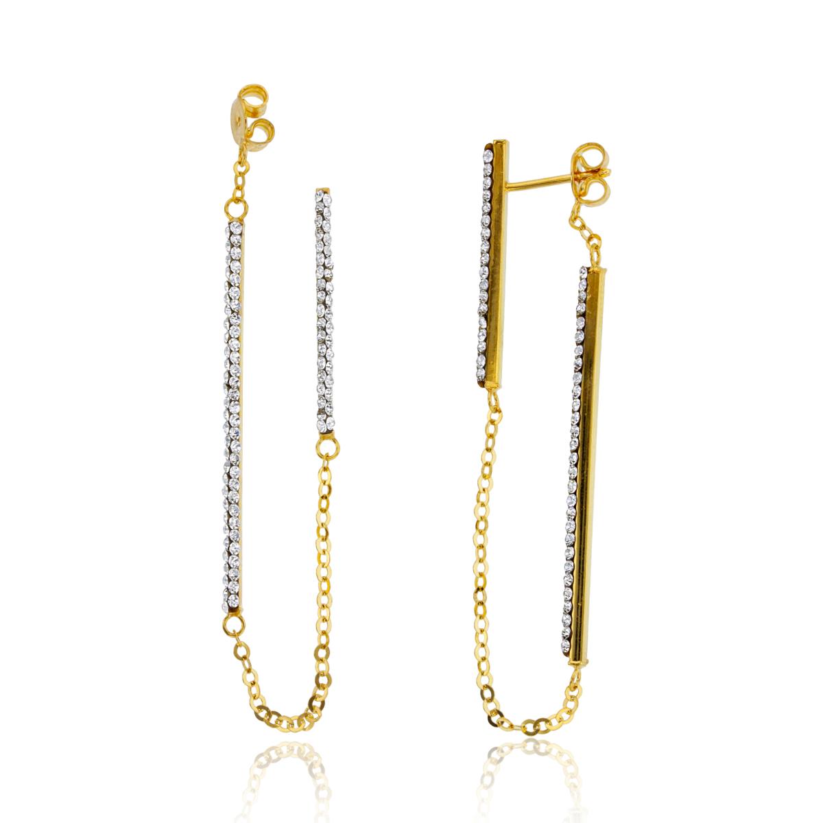 14K Yellow Gold Rnd White Crystal 2-Vertical Bars on Chain Earrings