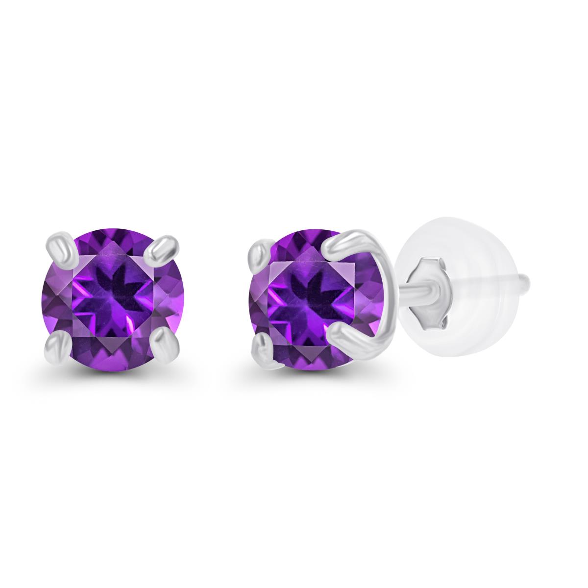 Sterling Silver Rhodium 3mm Round Amethyst Stud Earring with Silicone Back
