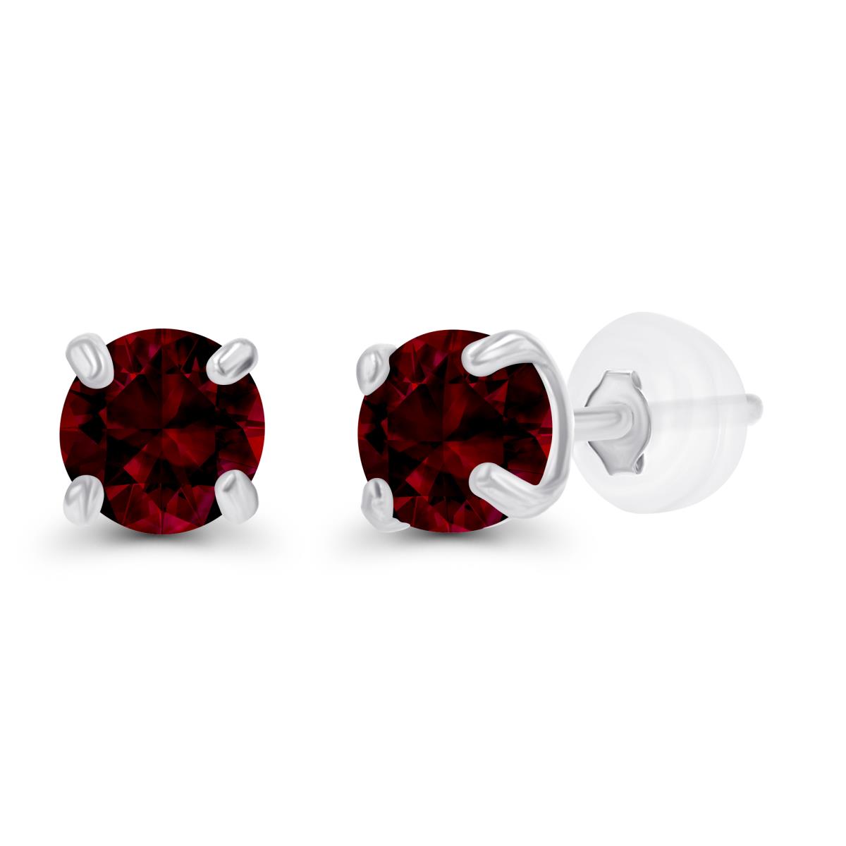 Sterling Silver Rhodium 3mm Round Garnet Stud Earring with Silicone Back