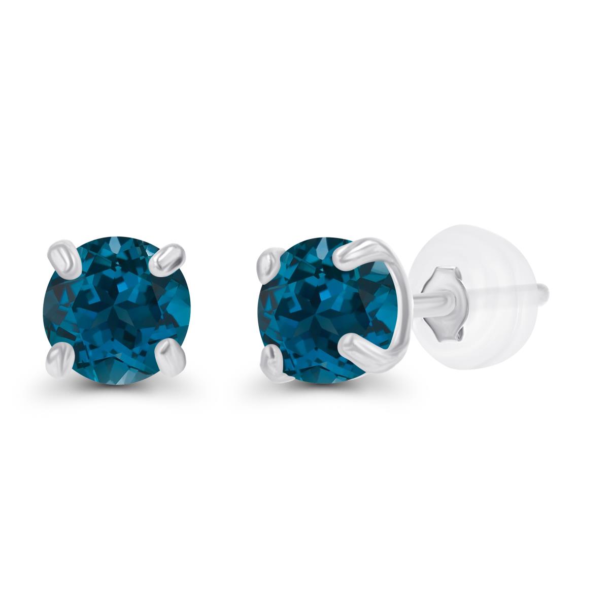 Sterling Silver Rhodium 3mm Round London Blue Topaz Stud Earring with Silicone Back