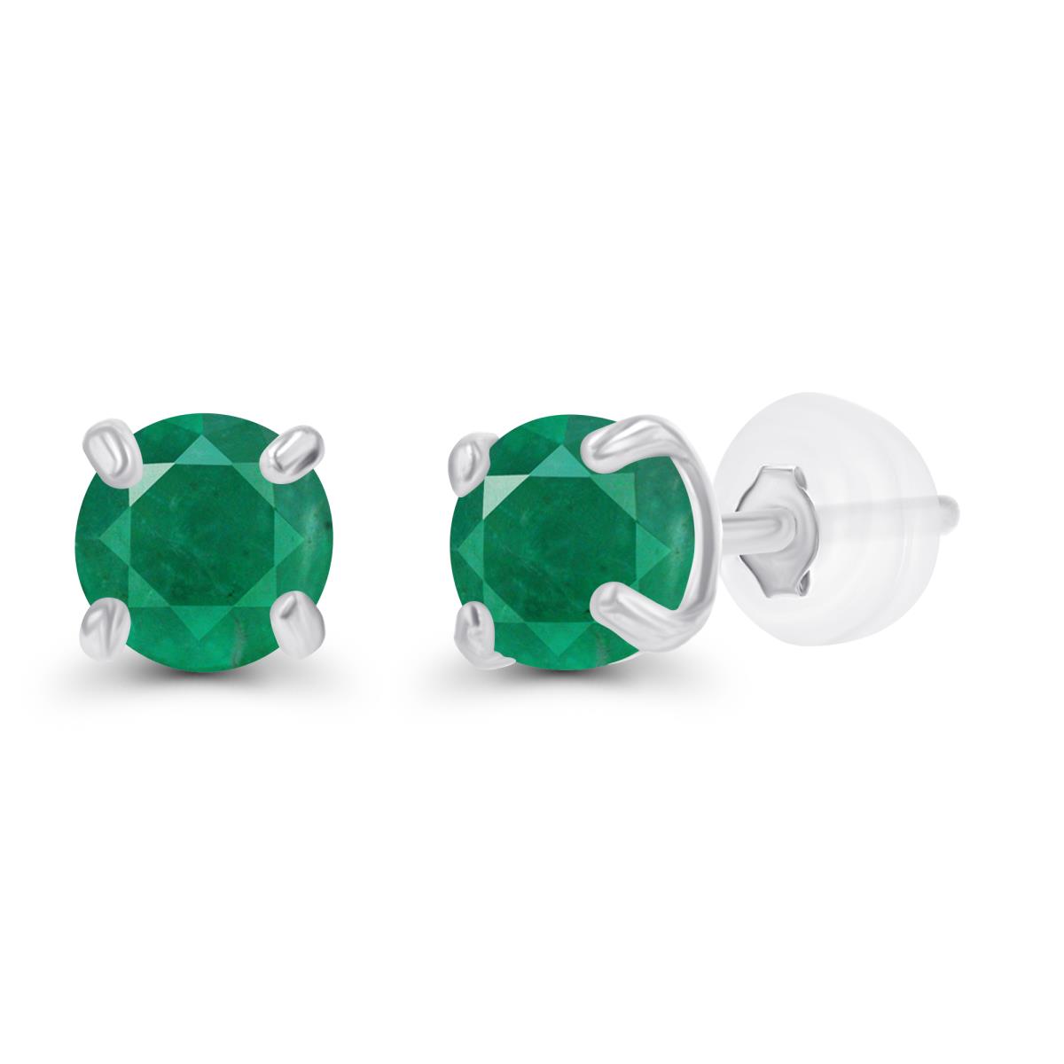 Sterling Silver Rhodium 3mm Round Emerald Stud Earring with Silicone Back