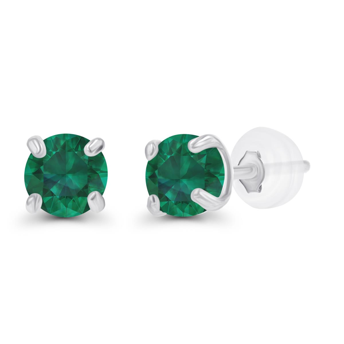 Sterling Silver Rhodium 3mm Round Cr Emerald Stud Earring with Silicone Back