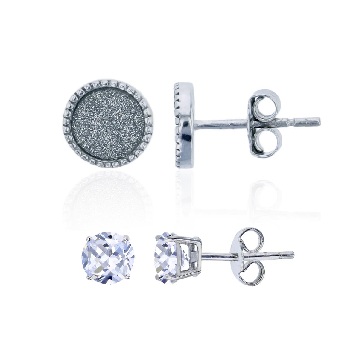 Sterling Silver Rhodium 7mm Milgraine Round Glitter & 5mm Rd Solitaire Stud Earrings Set