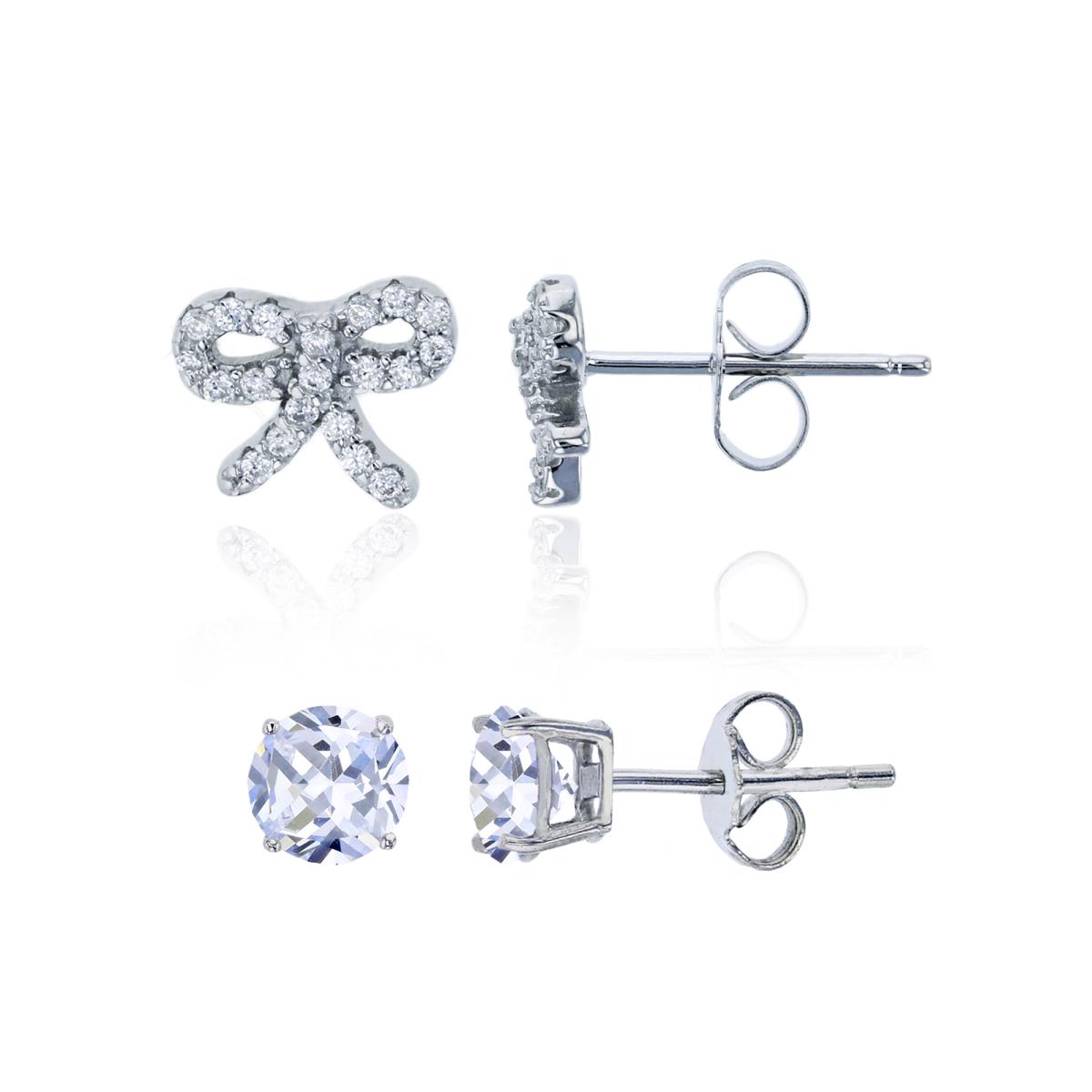 Sterling Silver Rhodium Micropave Bow & 5mm Round Solitaire Stud Earring Set