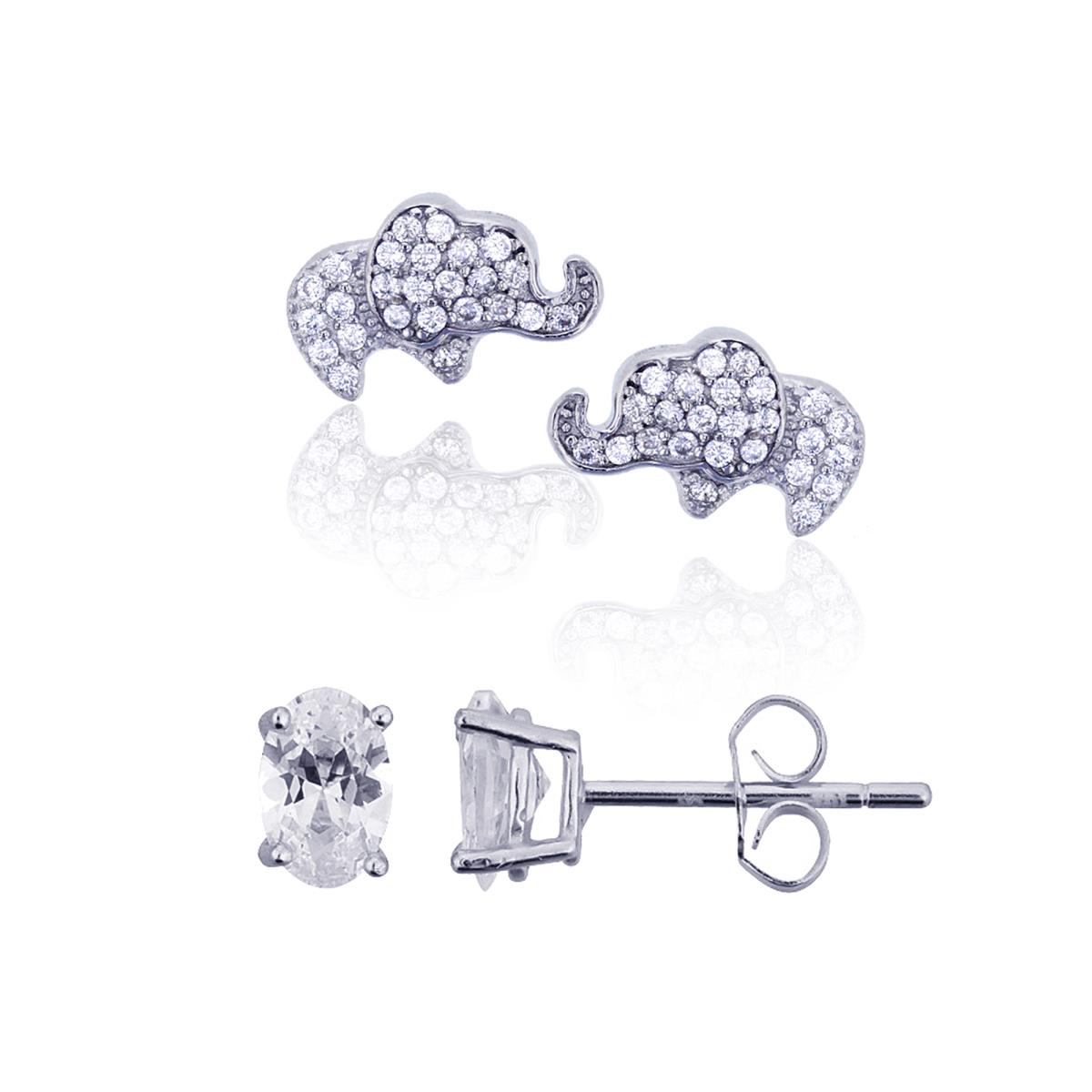 Sterling Silver Rhodium Elephant & 4x6mm Oval Solitaire Stud Earring Set