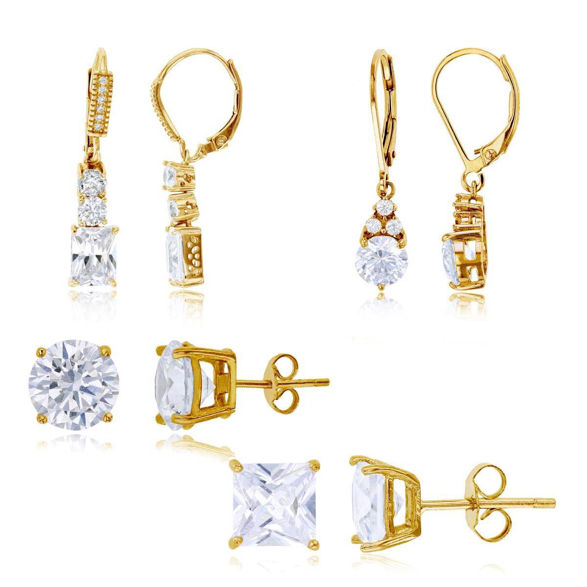 Sterling Silver Yellow 1-Micron Graduated Emerald&Rd Cut, 6mm Rd Cut Teardrop Dangling, 8mm Rd Solitaire & 8mm Sq Solitaire Stud Earring Set
