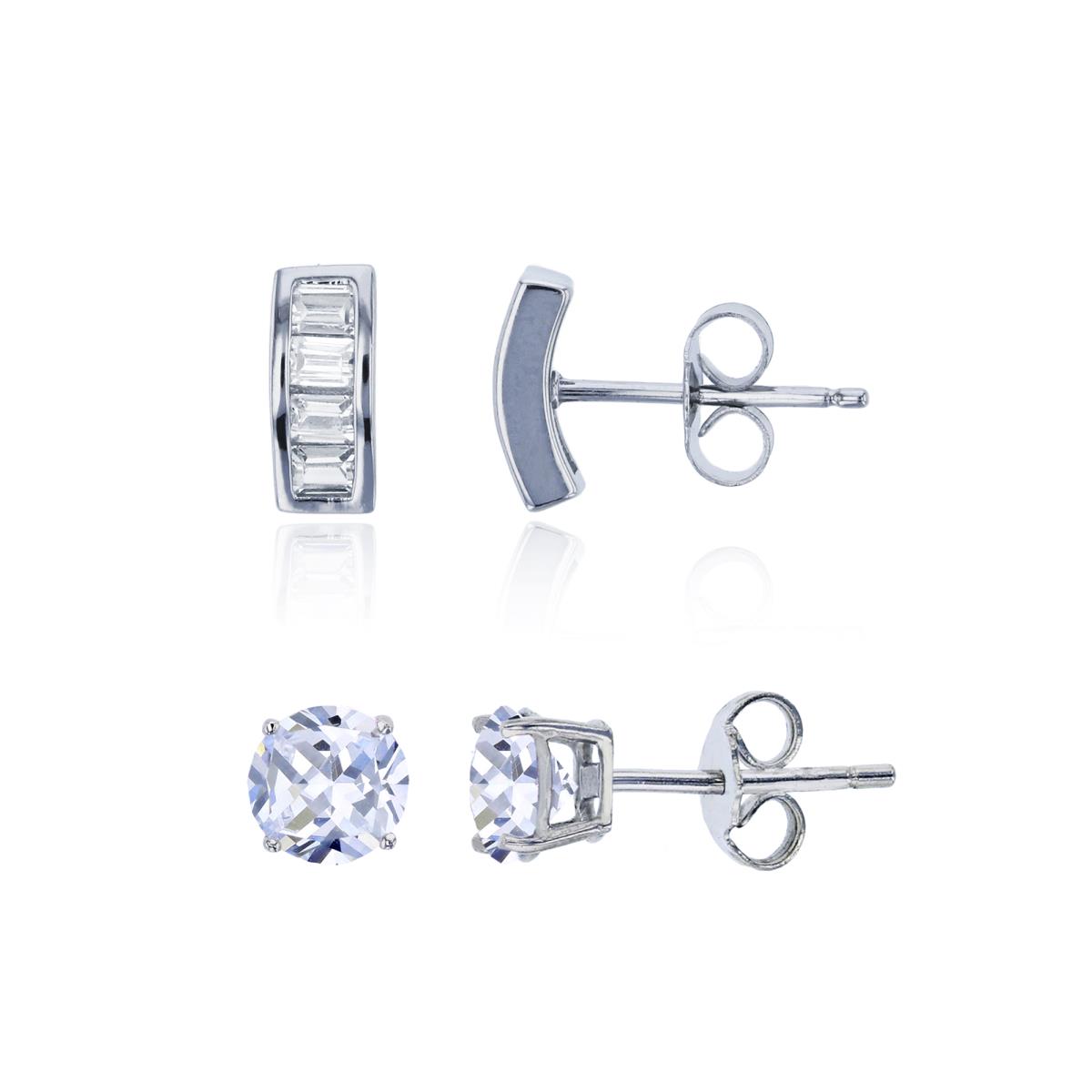 Sterling Silver Rhodium 9x3mm Pave Baguette CZ & 5mm Round Solitaire Stud Earring Set