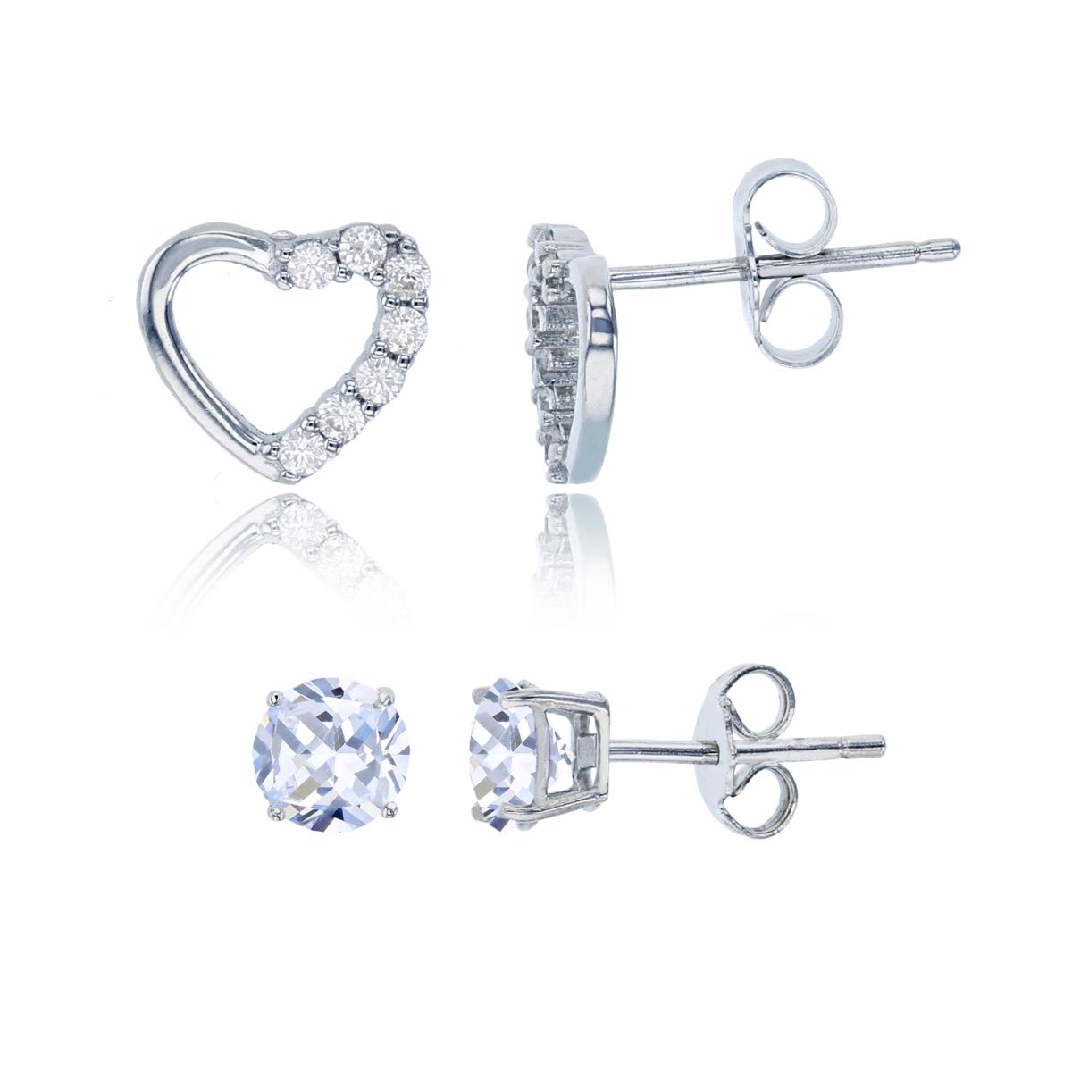 Sterling Silver Rhodium 8x9mm Half Pave Half Polished Heart & 5mm Rd Solitaire Stud Earring Set