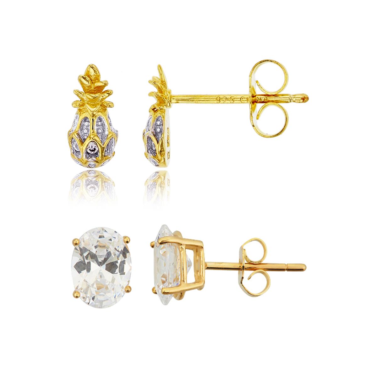 Sterling Silver Yellow Rd Cut CZ Pineapple & 6x8mm Oval Solitaire Stud Earring Set
