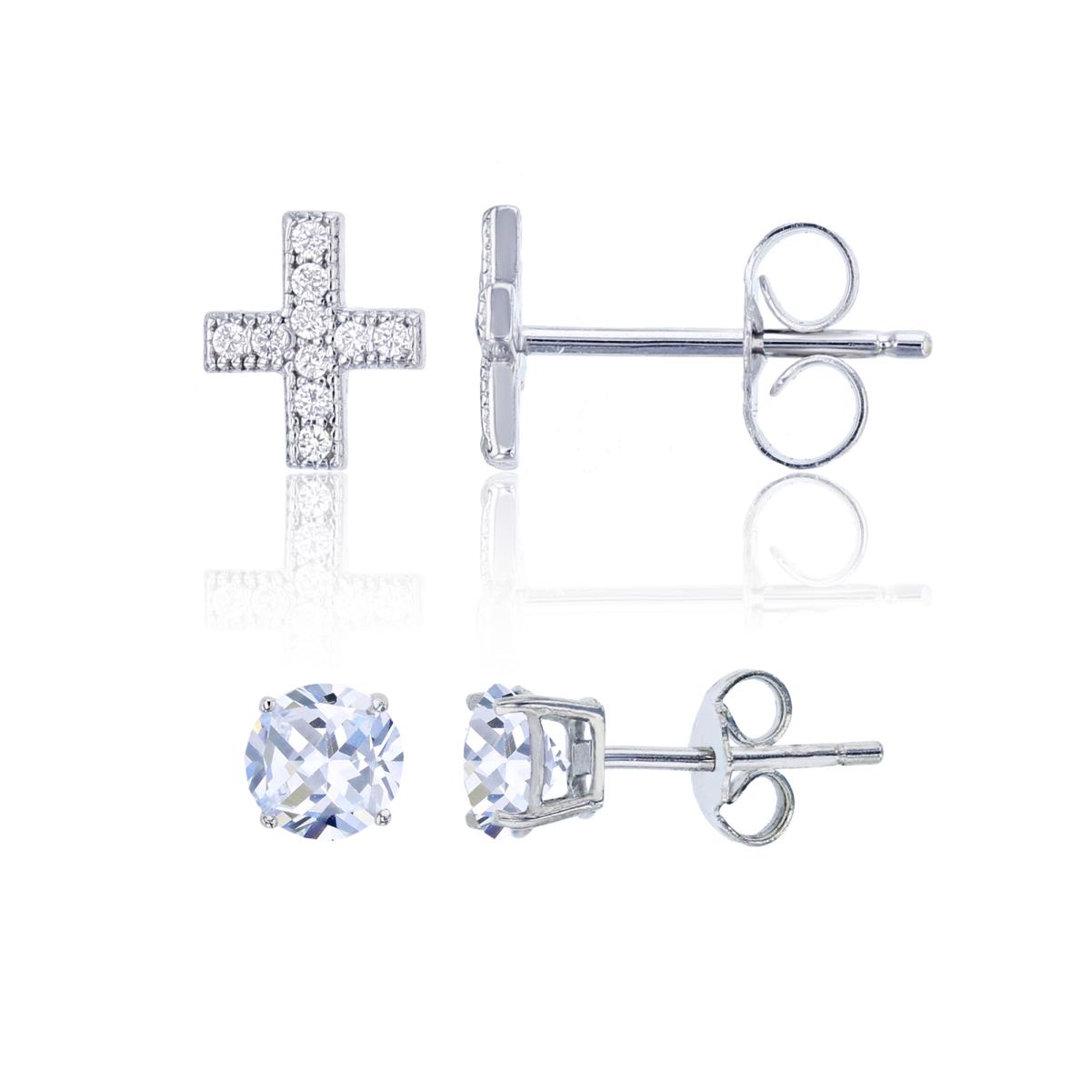 Sterling Silver Micropave Petite Cross & 4mm Round Solitaire Stud Earring Set