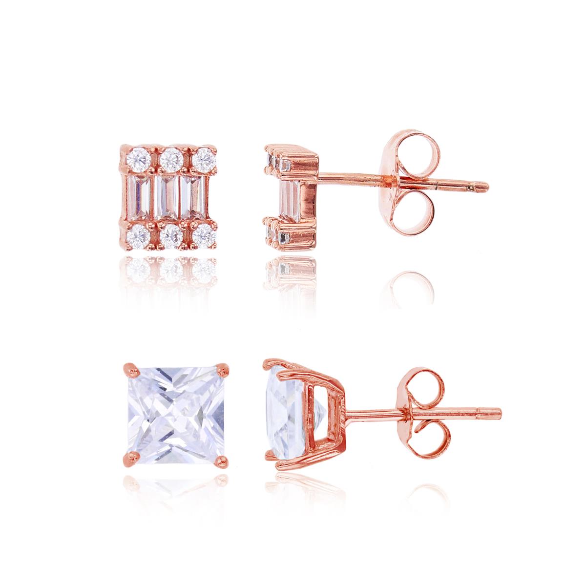Sterling Silver Rose 6x6mm Rd/Baguette CZ Square & 6x6mm Sq Solitaire Stud Earring Set
