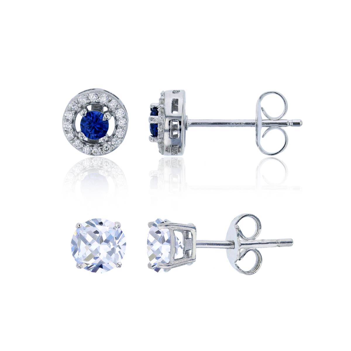 Sterling Silver Round 3mm Blue Sapphire CZ Halo & 4mm Round Solitaire Stud Earring Set