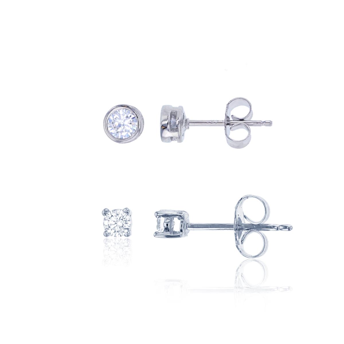 Sterling Silver Rhodium 4mm Round CZ Bezel & 3mm Round Solitaire Stud Earring Set