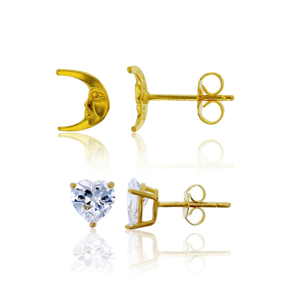Sterling Silver Yellow Moon & 6x6mm Heart Solitaire Stud Earring Set