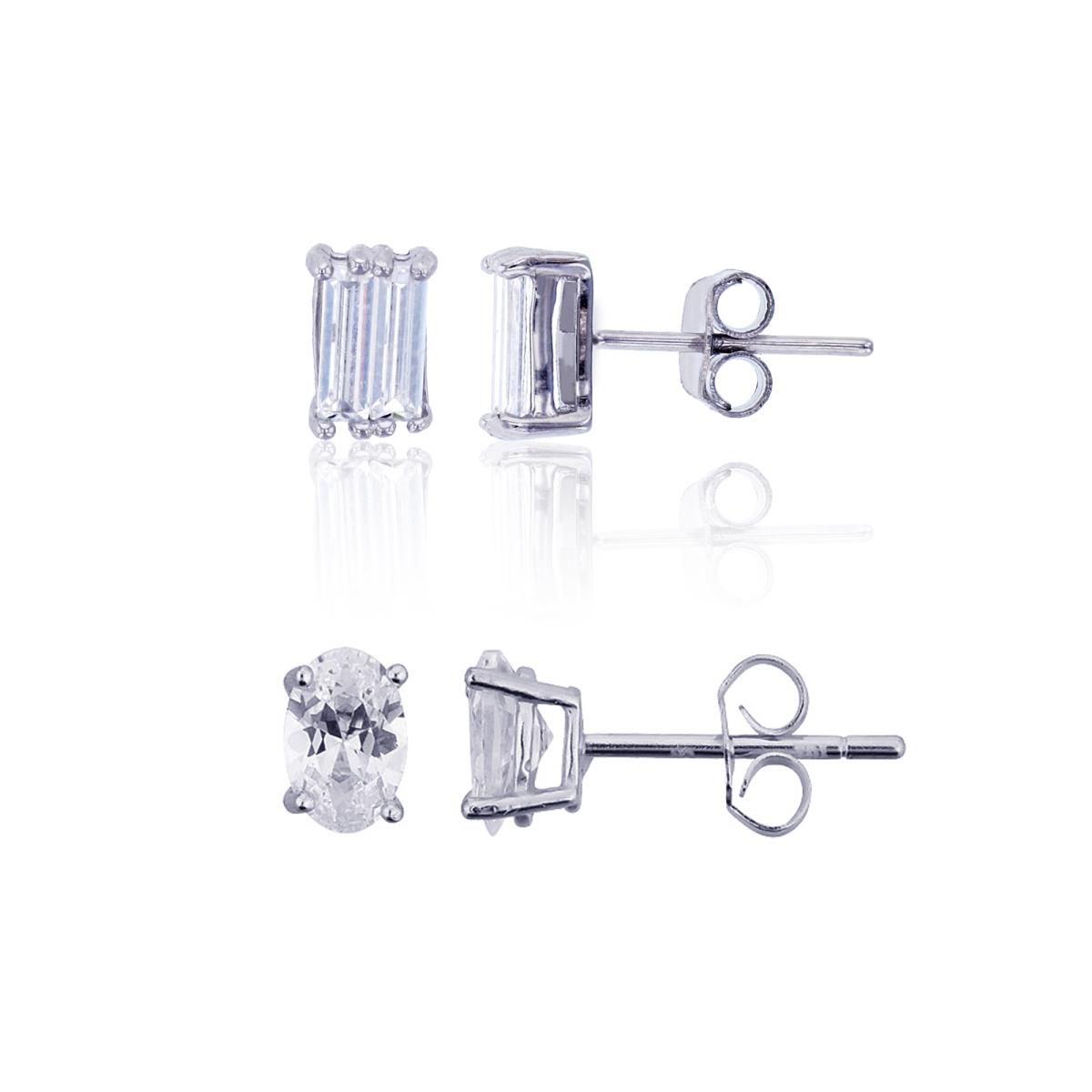 Sterling Silver Rhodium 2x6mm Baguette Cut & 4x6mm Oval Solitaire Stud Earring Set