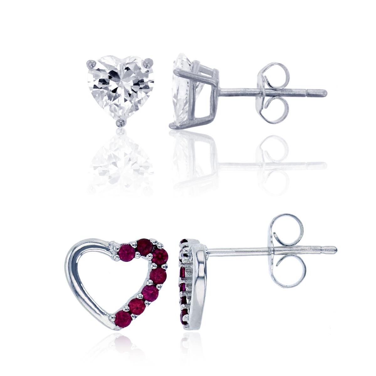 Sterling Silver Rhodium Half Ruby Pave Half Polished Heart & 6x6mm Heart Solitaire Stud Earring Set