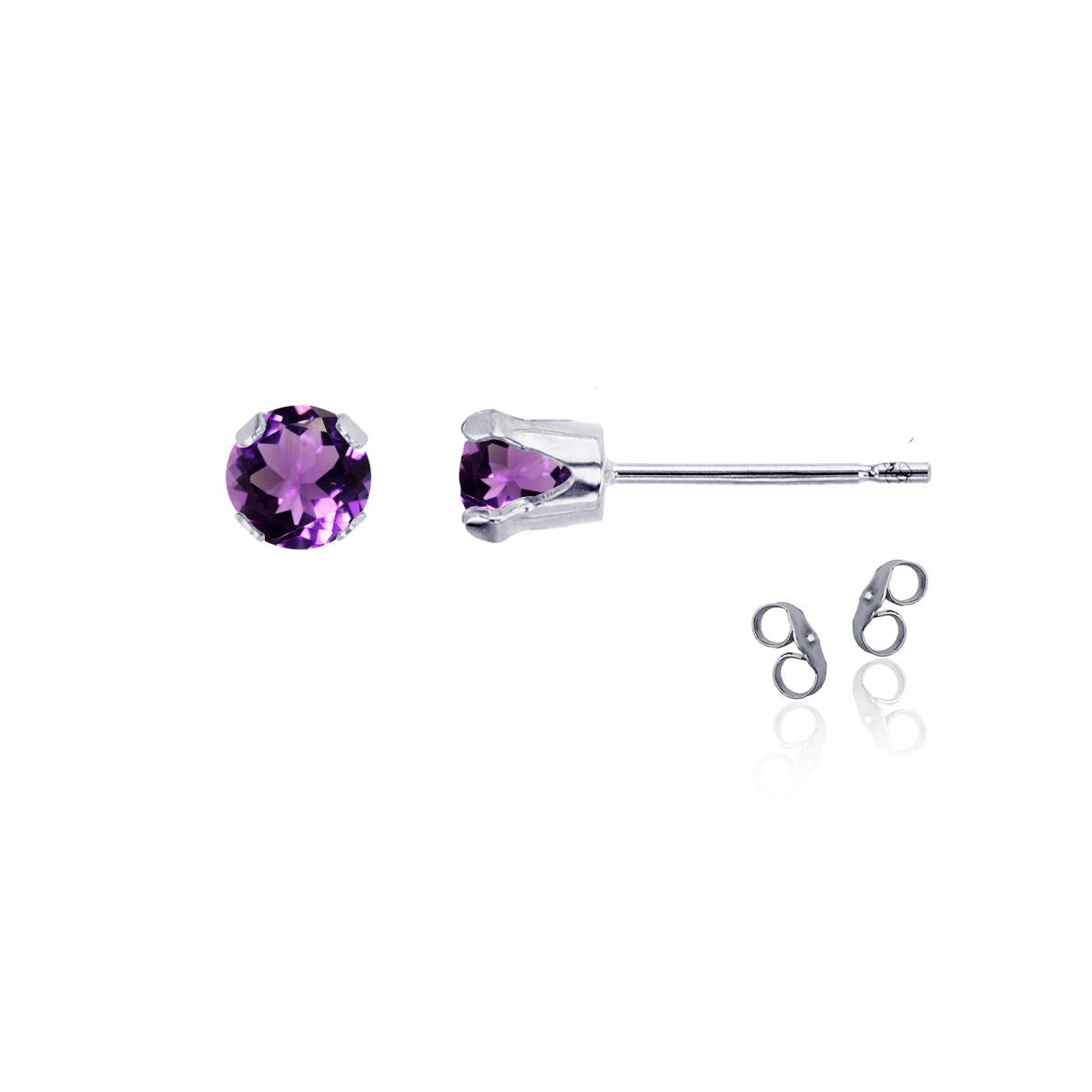 Sterling Silver Rhodium 4mm Round Amethyst Stud Earring with Clutch