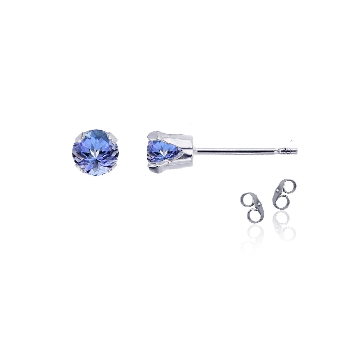 Sterling Silver Rhodium 4mm Round Tanzanite Stud Earring with Clutch