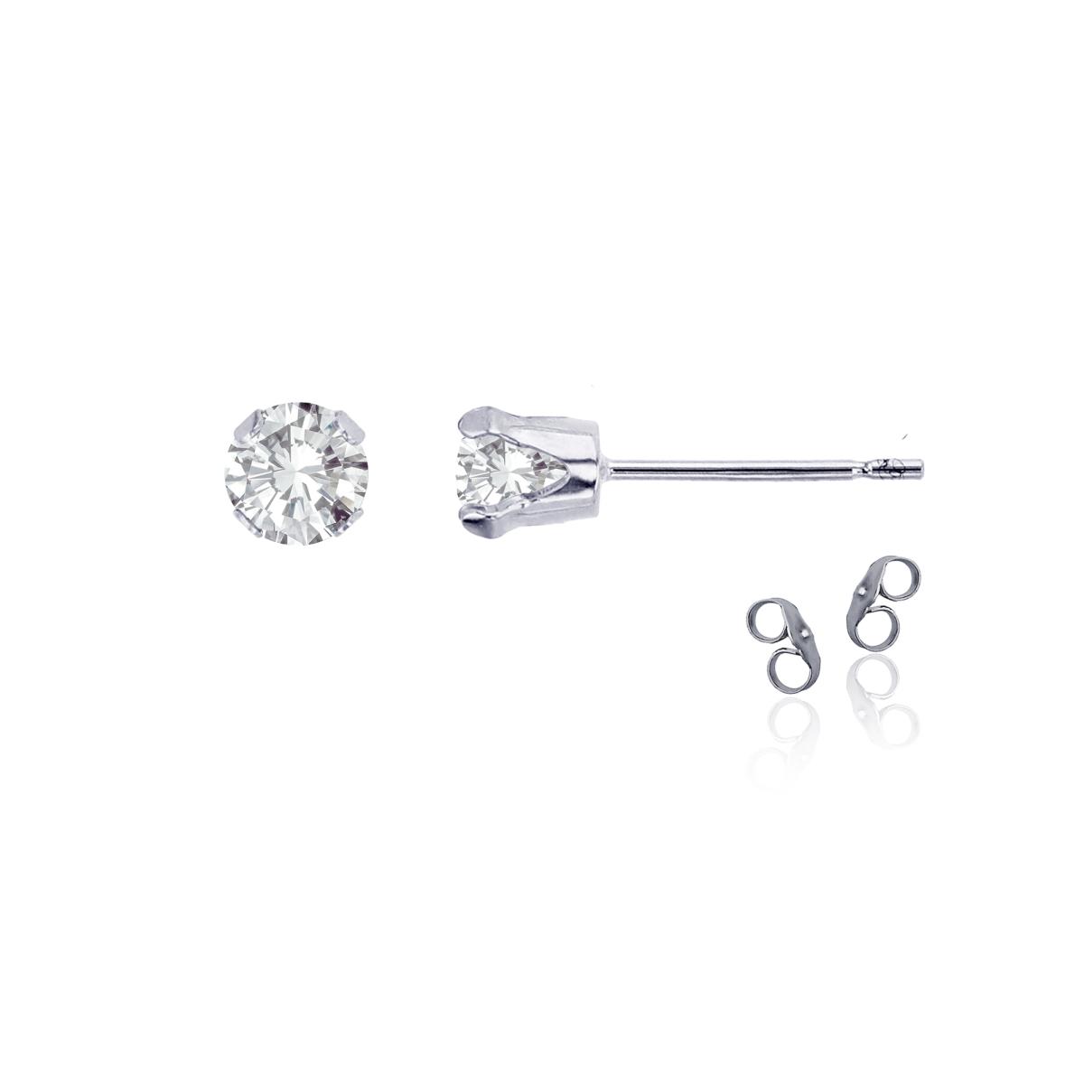 Sterling Silver Rhodium 4mm Round White Topaz Stud Earring with Clutch