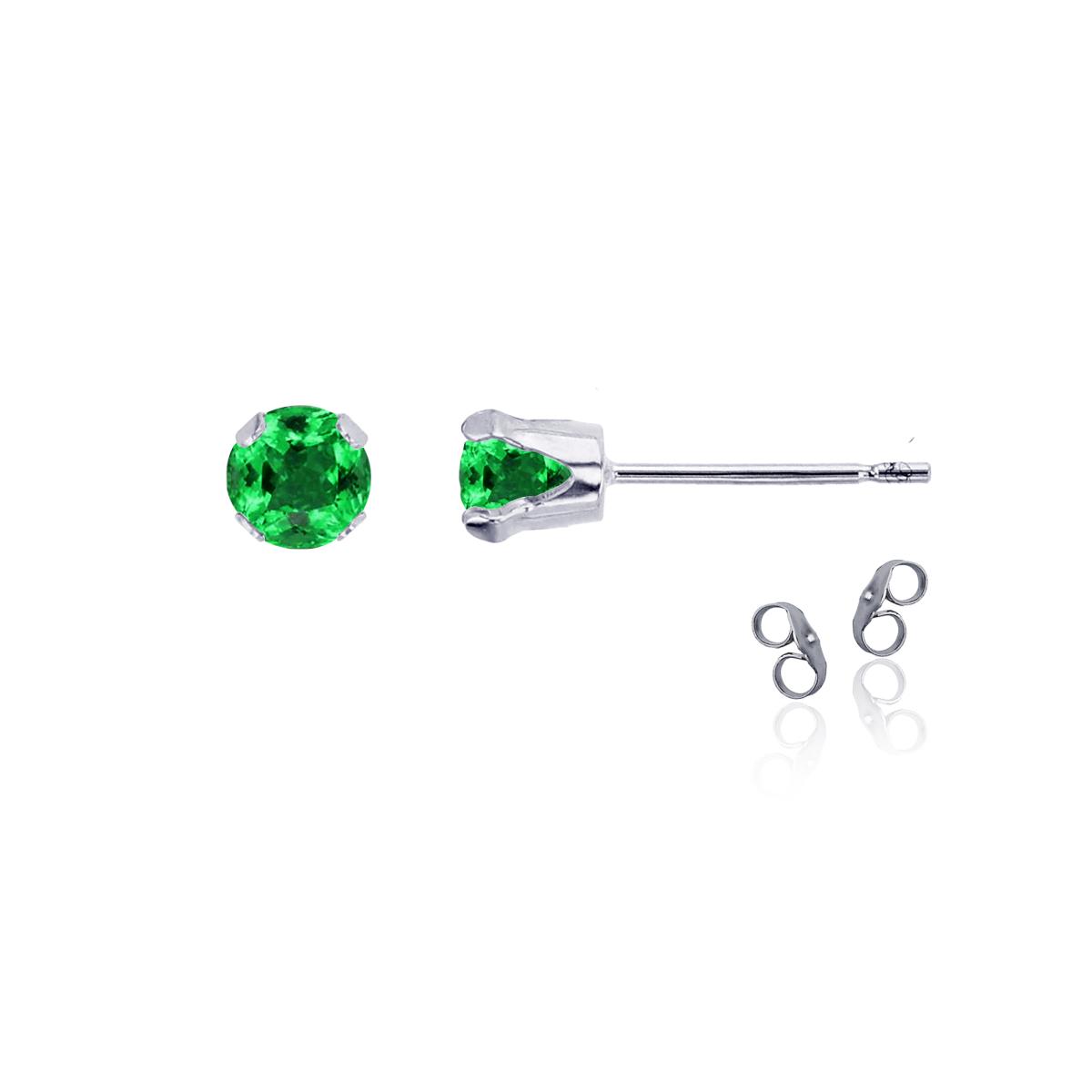 Sterling Silver Rhodium 4mm Round Emerald Stud Earring with Clutch