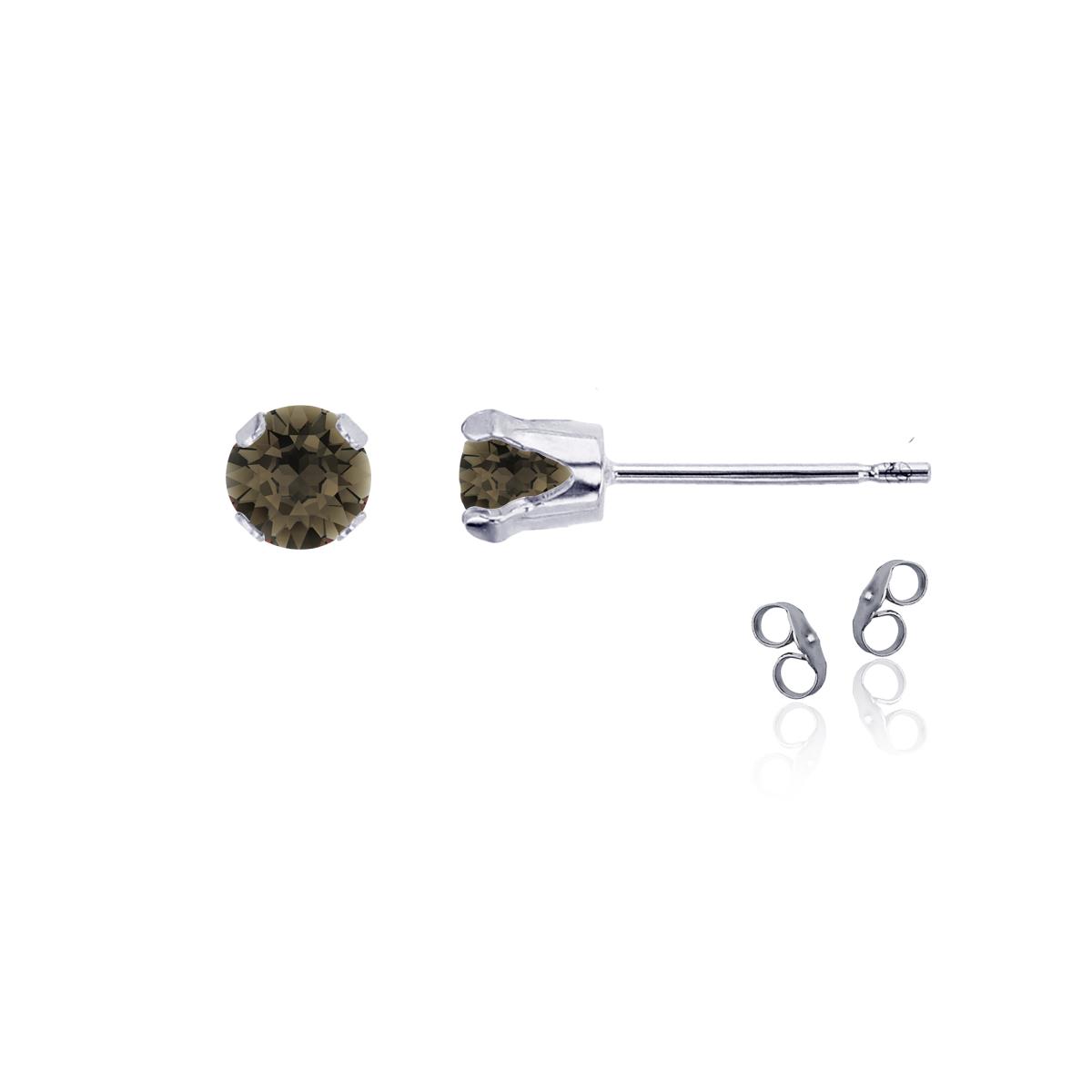 Sterling Silver Rhodium 4mm Round Smokey Quartz Stud Earring with Clutch