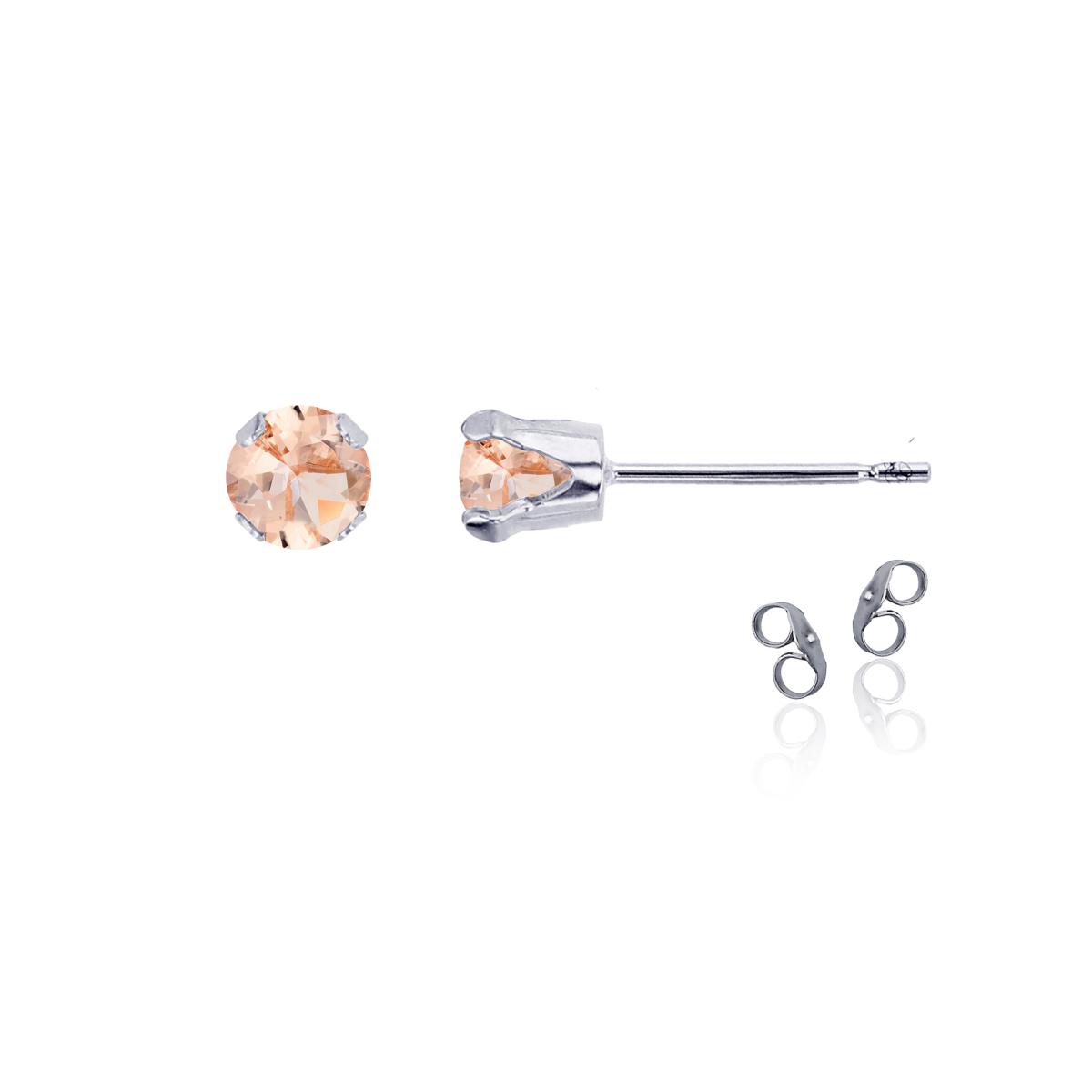 Sterling Silver Rhodium 4mm Round Morganite Stud Earring with Clutch