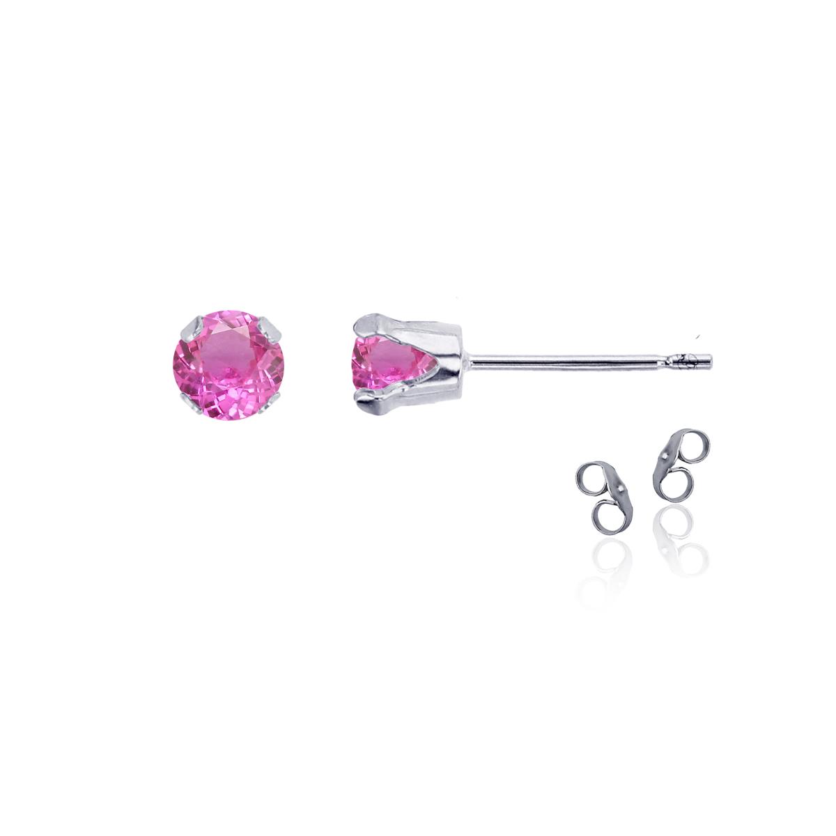 Sterling Silver Rhodium 4mm Round Cr Pink Sapphire Stud Earring with Clutch