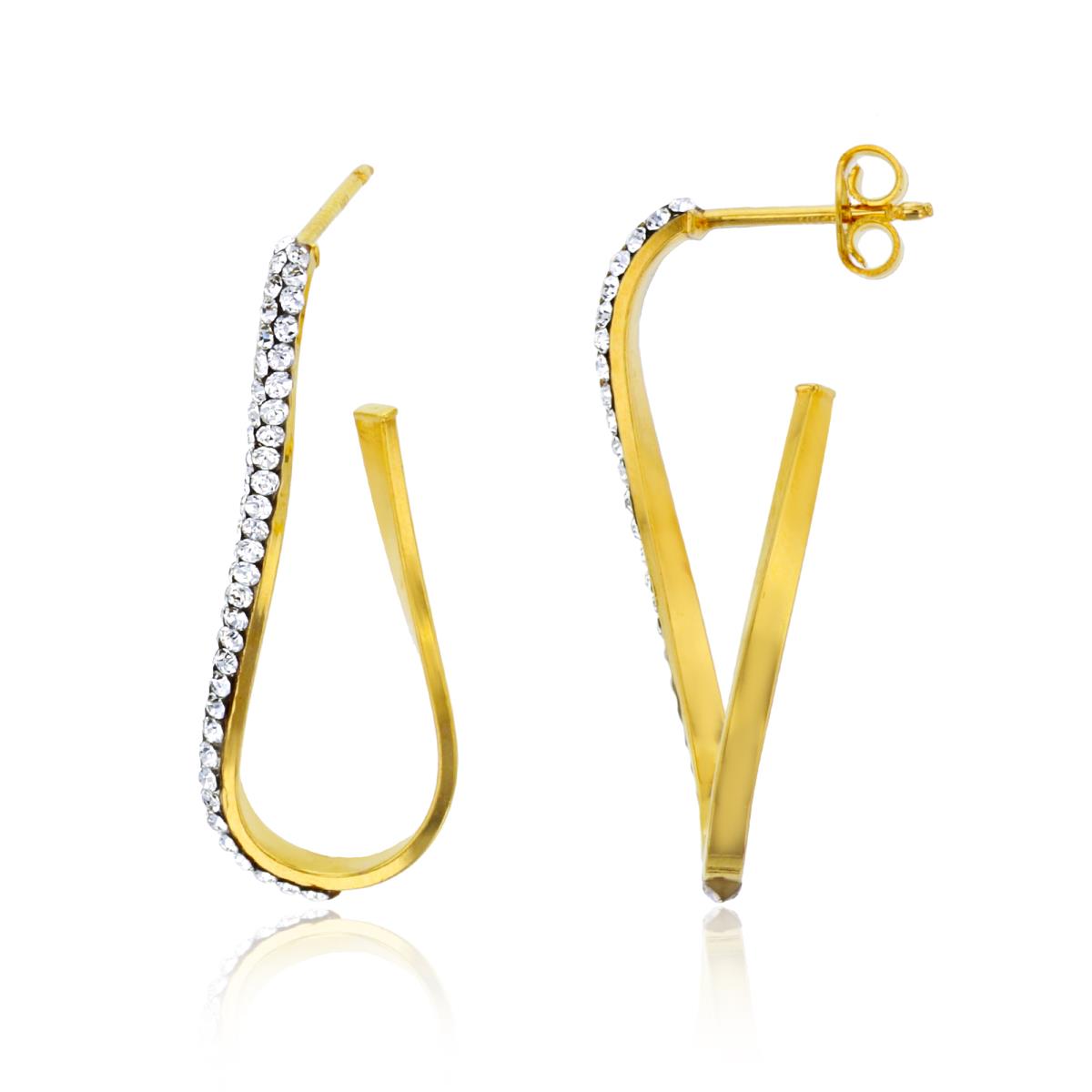 14K Yellow Gold Rnd White Crystal 33X12mm Twisted Open Hoop Earring