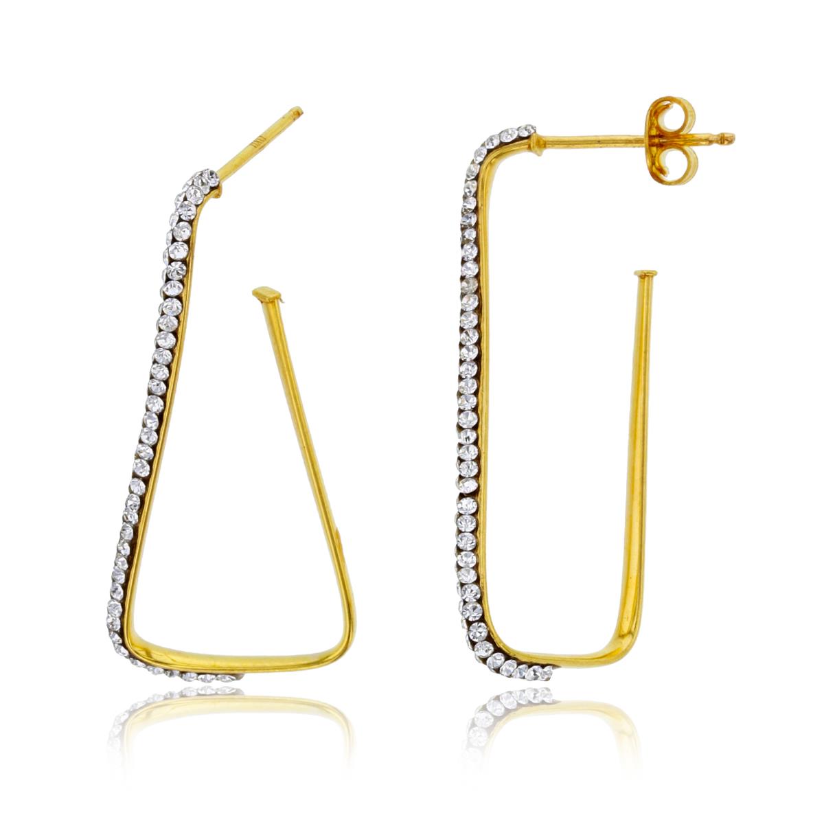 14K Yellow Gold Rnd White Crystal 38X17.5mm Twisted Rectangle Open Hoop Earring