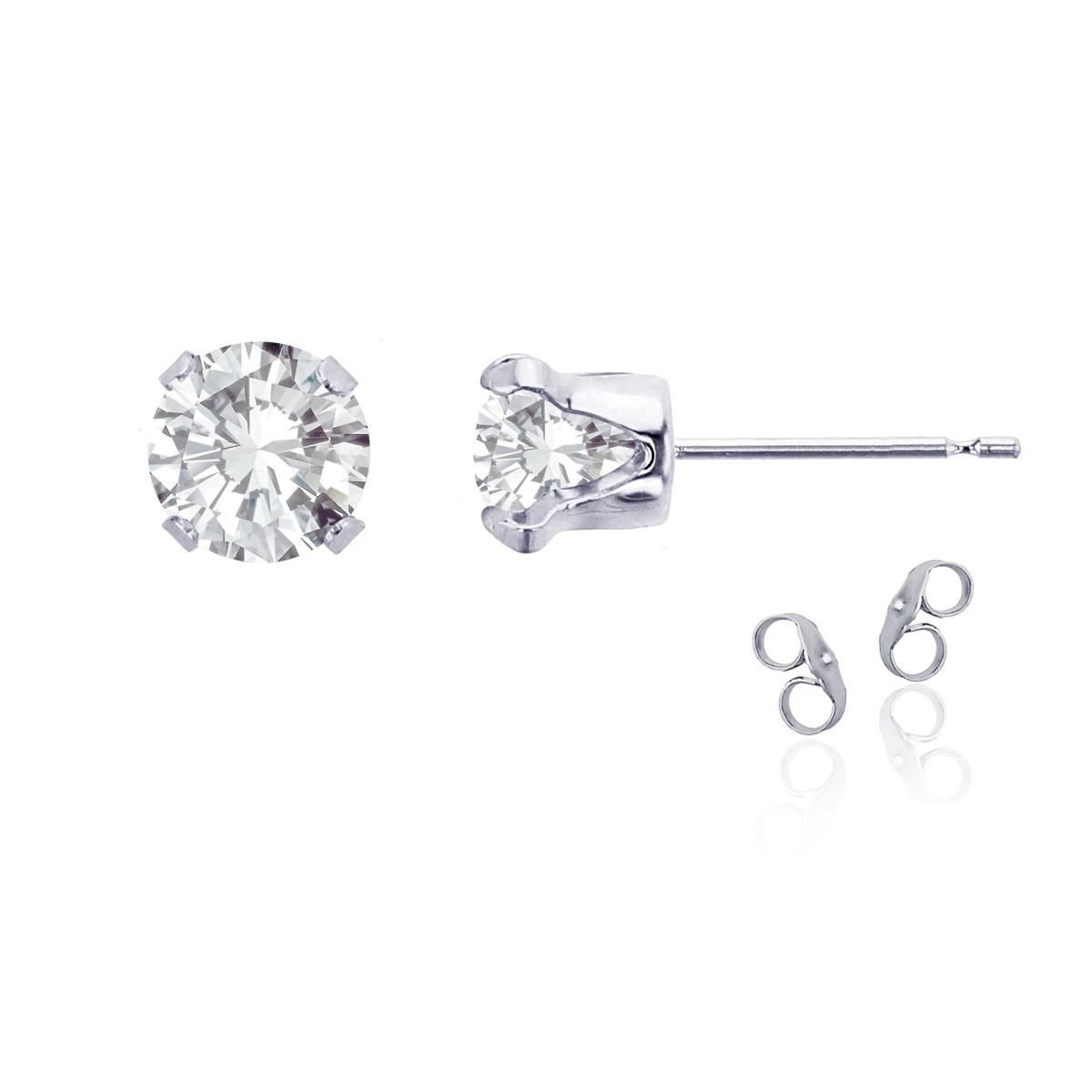 Sterling Silver Rhodium 6mm Round White Topaz Stud Earring with Clutch