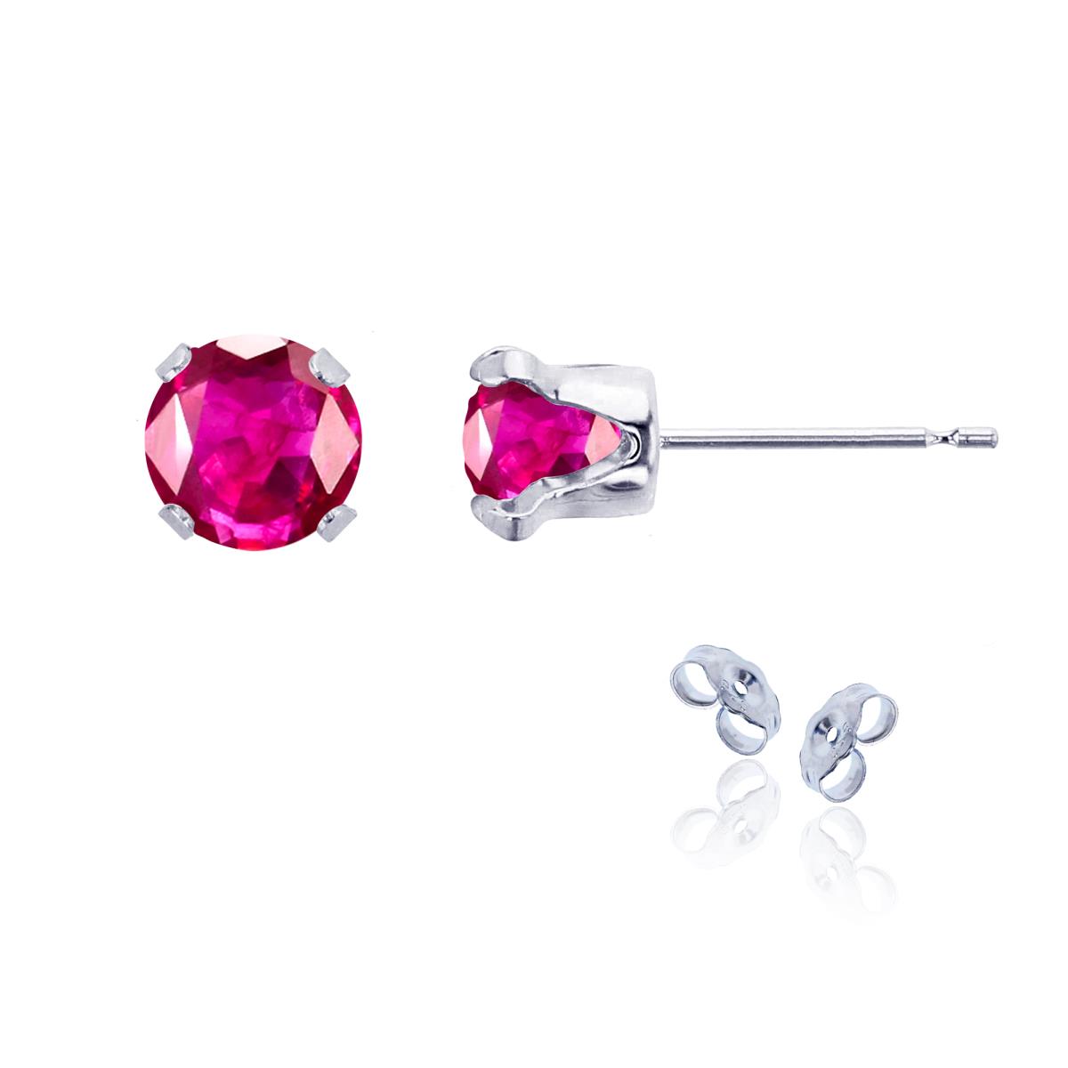 Sterling Silver Rhodium 6mm Round Glass Filled Ruby Stud Earring with Clutch